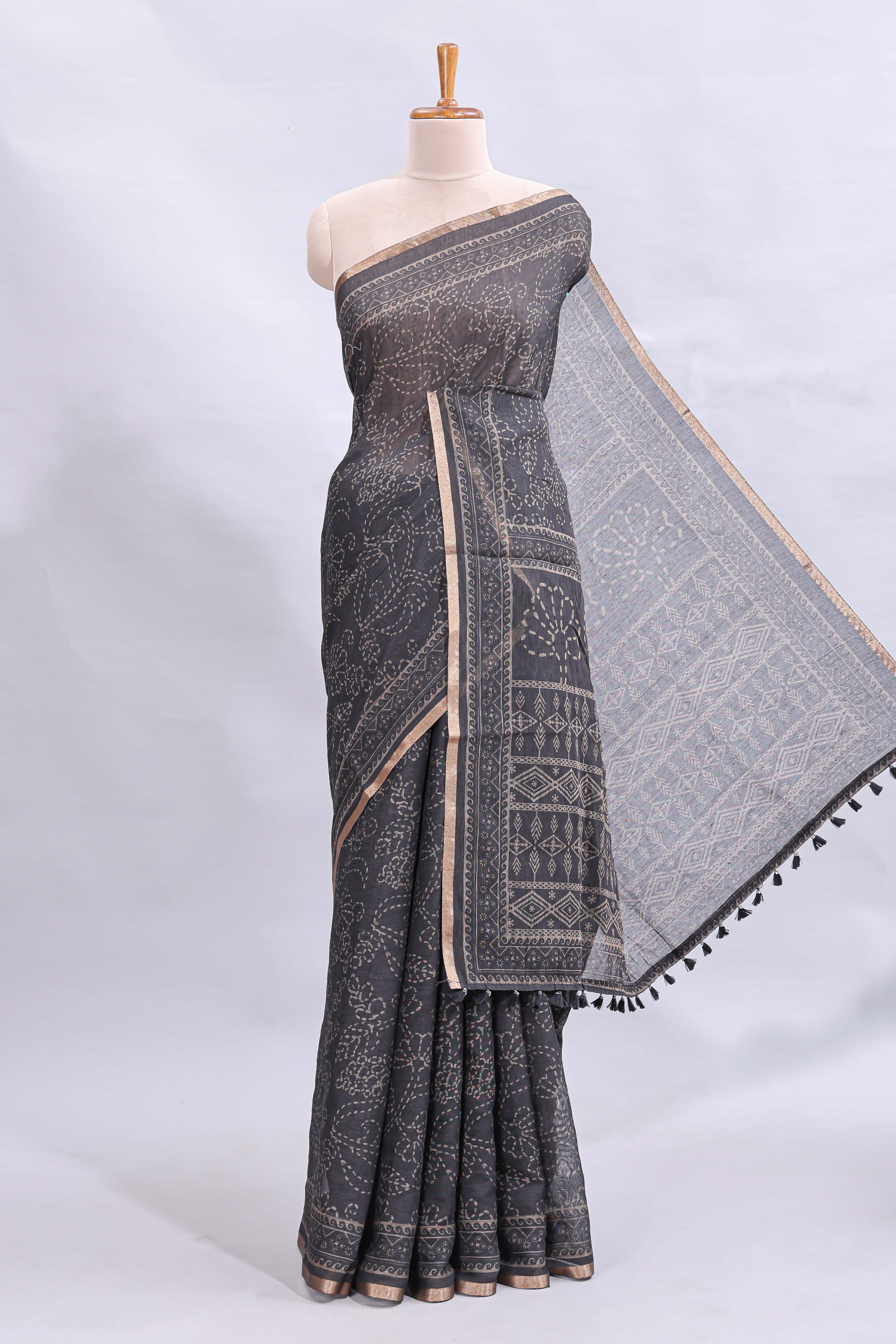 Black floral design linen cotton saree with self zari border and matching printed blouse
