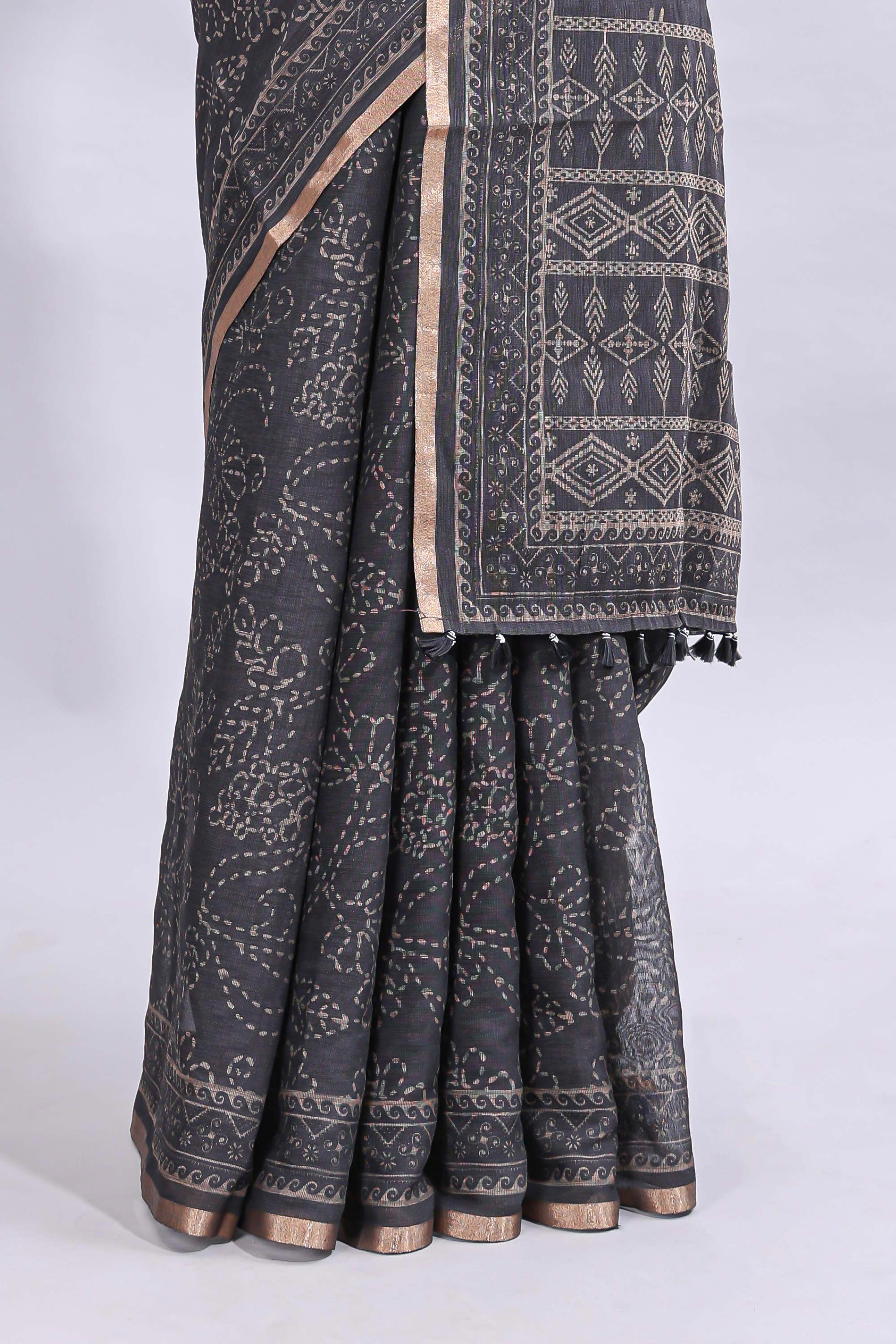 Black floral design linen cotton saree with self zari border and matching printed blouse