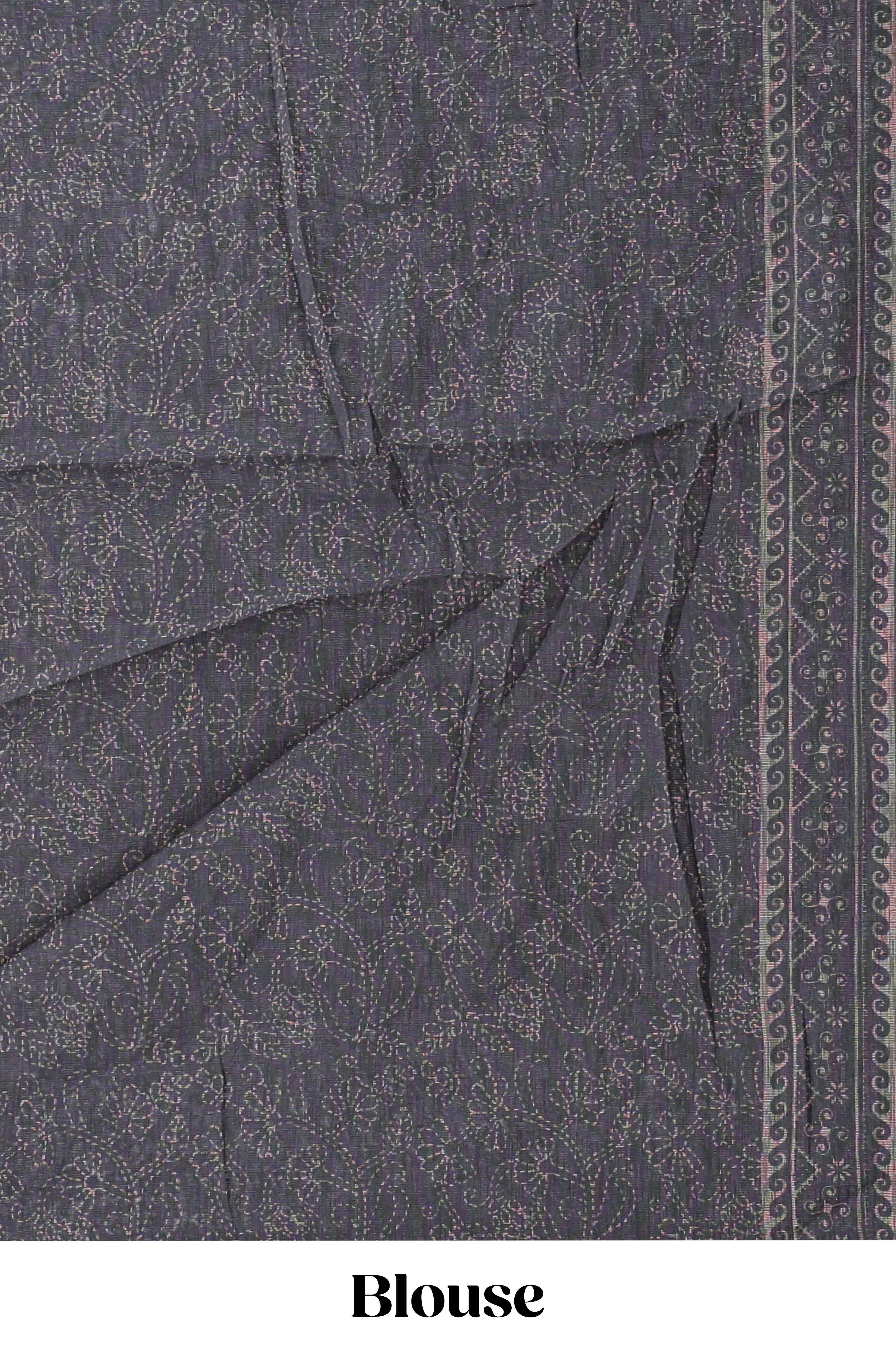 Black floral design linen cotton saree with self zari border and matching printed blouse