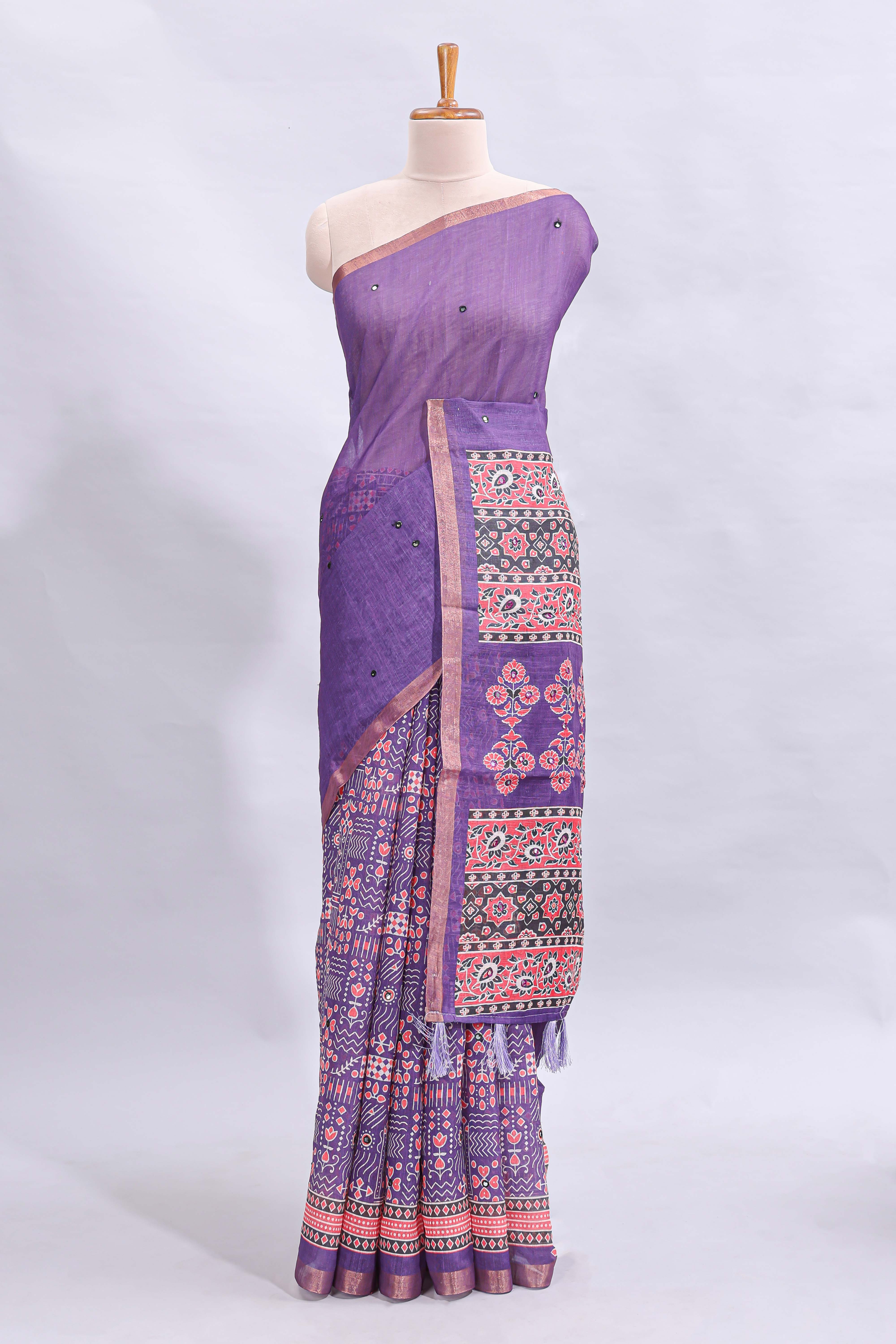 Violet mirror work embroidery design linen cotton saree with self zari border and matching printed blouse