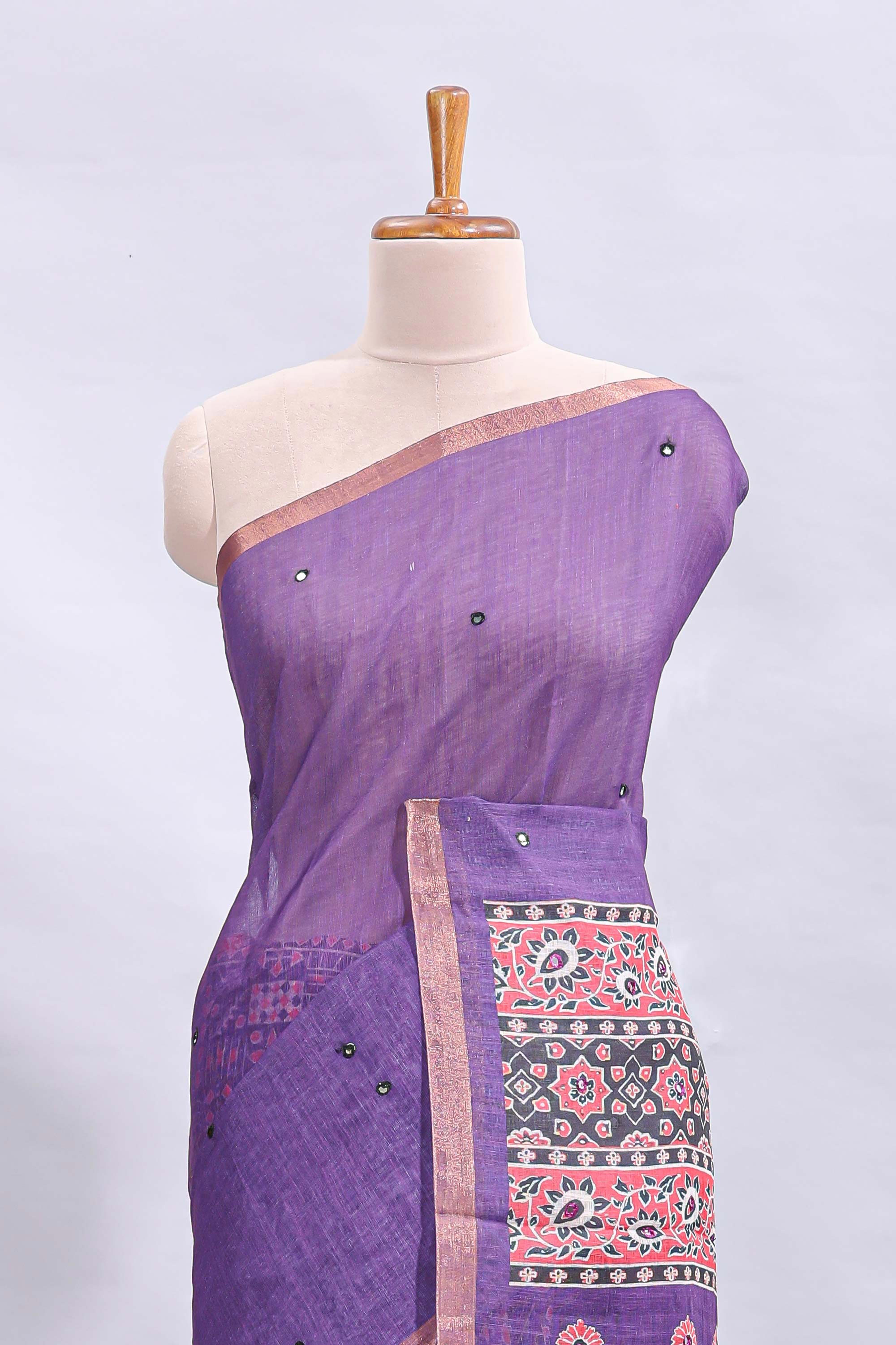 Violet mirror work embroidery design linen cotton saree with self zari border and matching printed blouse