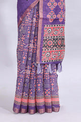 Violet mirror work embroidery design linen cotton saree with self zari border and matching printed blouse