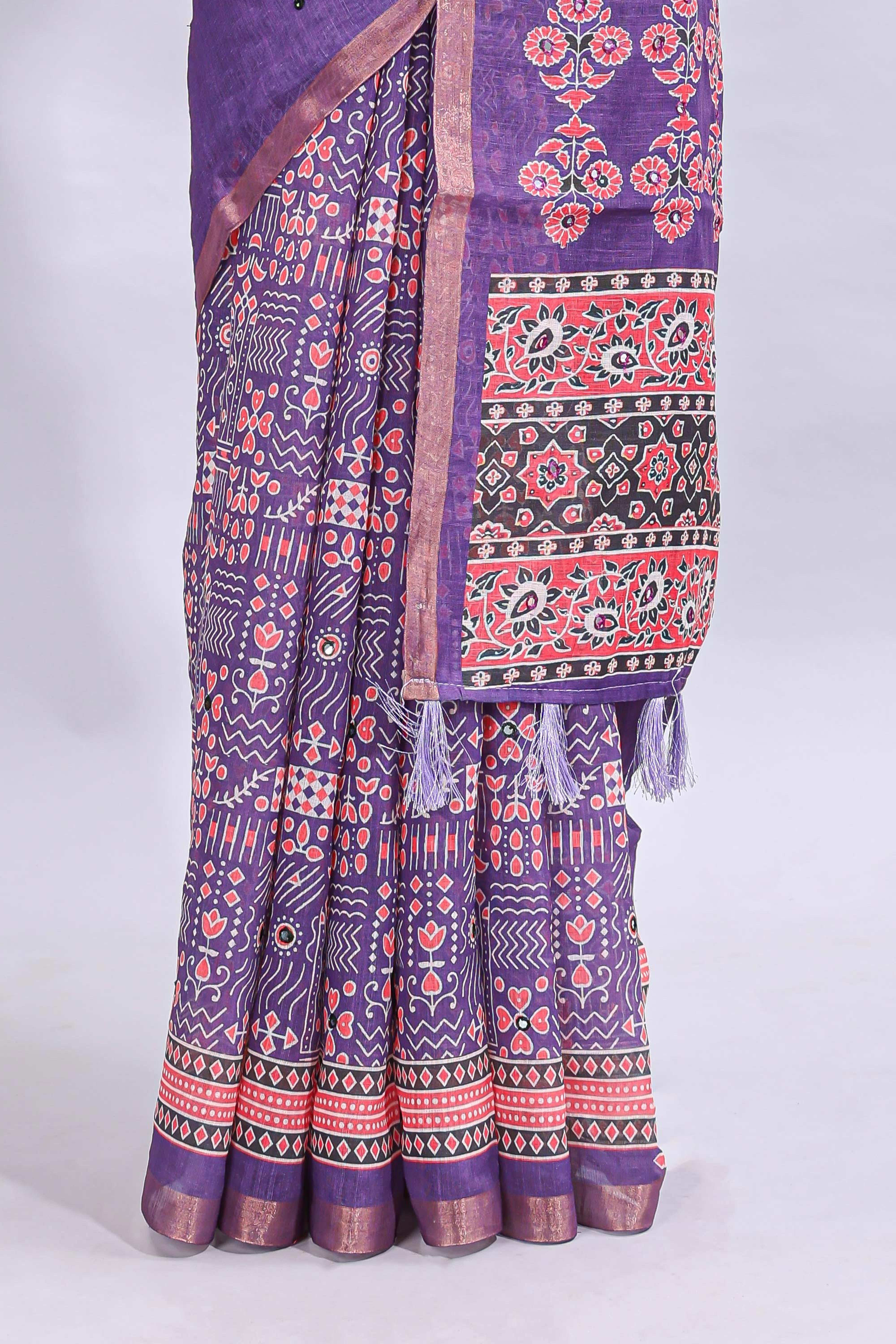 Violet mirror work embroidery design linen cotton saree with self zari border and matching printed blouse