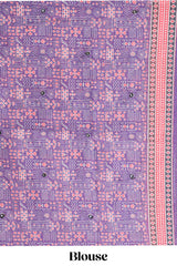 Violet mirror work embroidery design linen cotton saree with self zari border and matching printed blouse