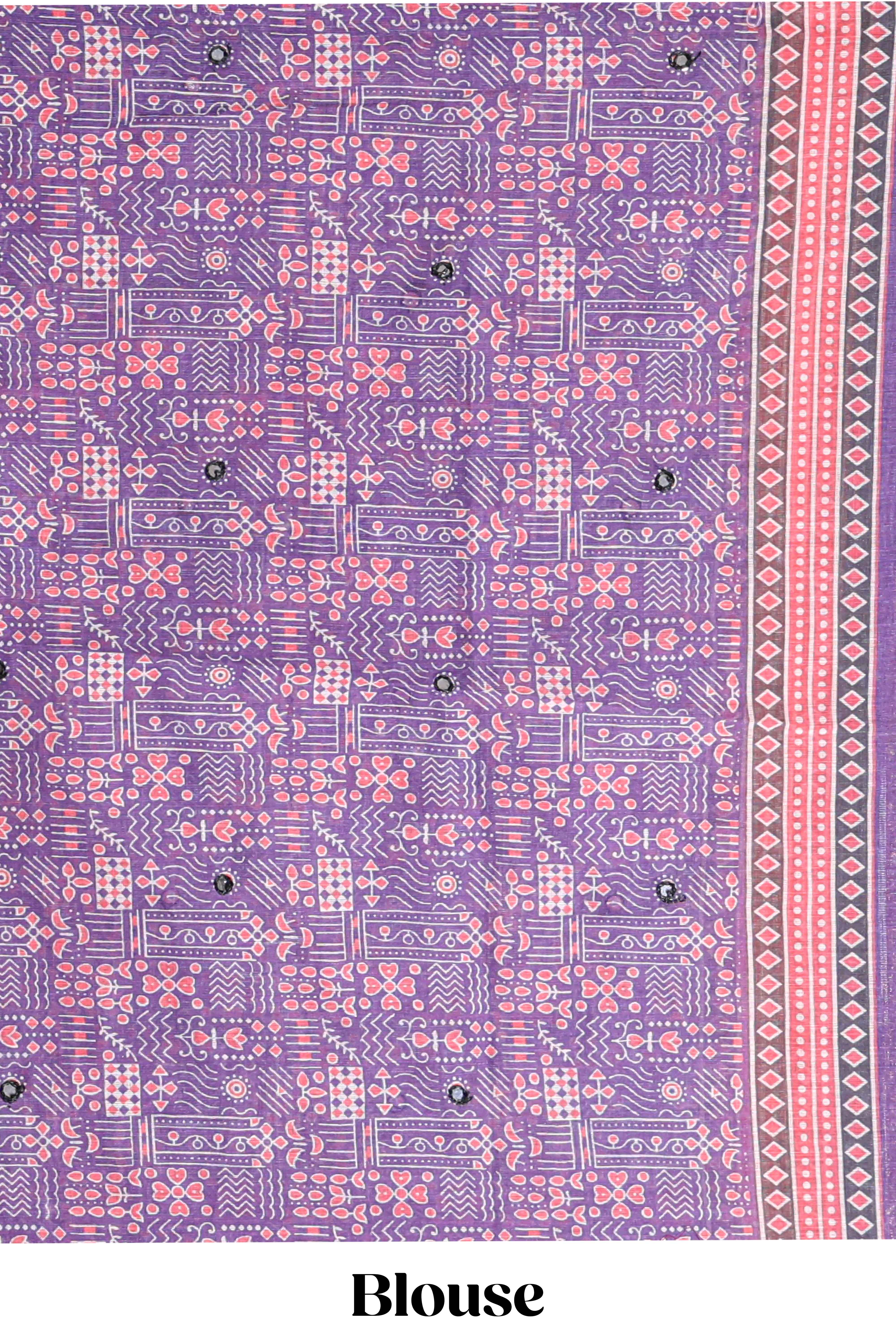 Violet mirror work embroidery design linen cotton saree with self zari border and matching printed blouse