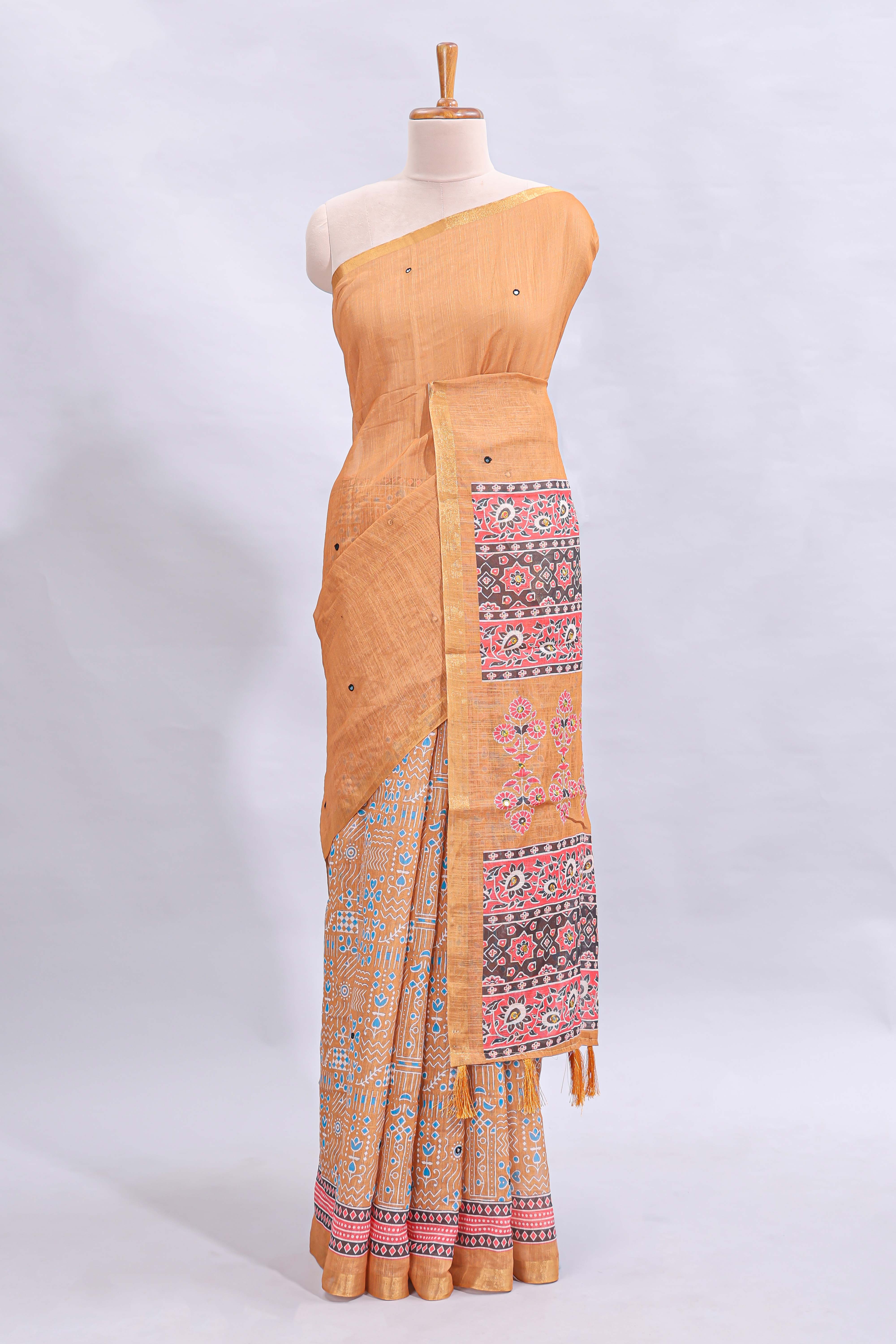 Orange mirror work embroidery design linen cotton saree with self zari border and matching printed blouse