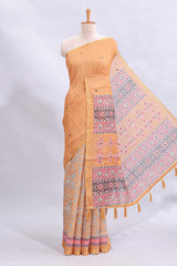 Orange mirror work embroidery design linen cotton saree with self zari border and matching printed blouse
