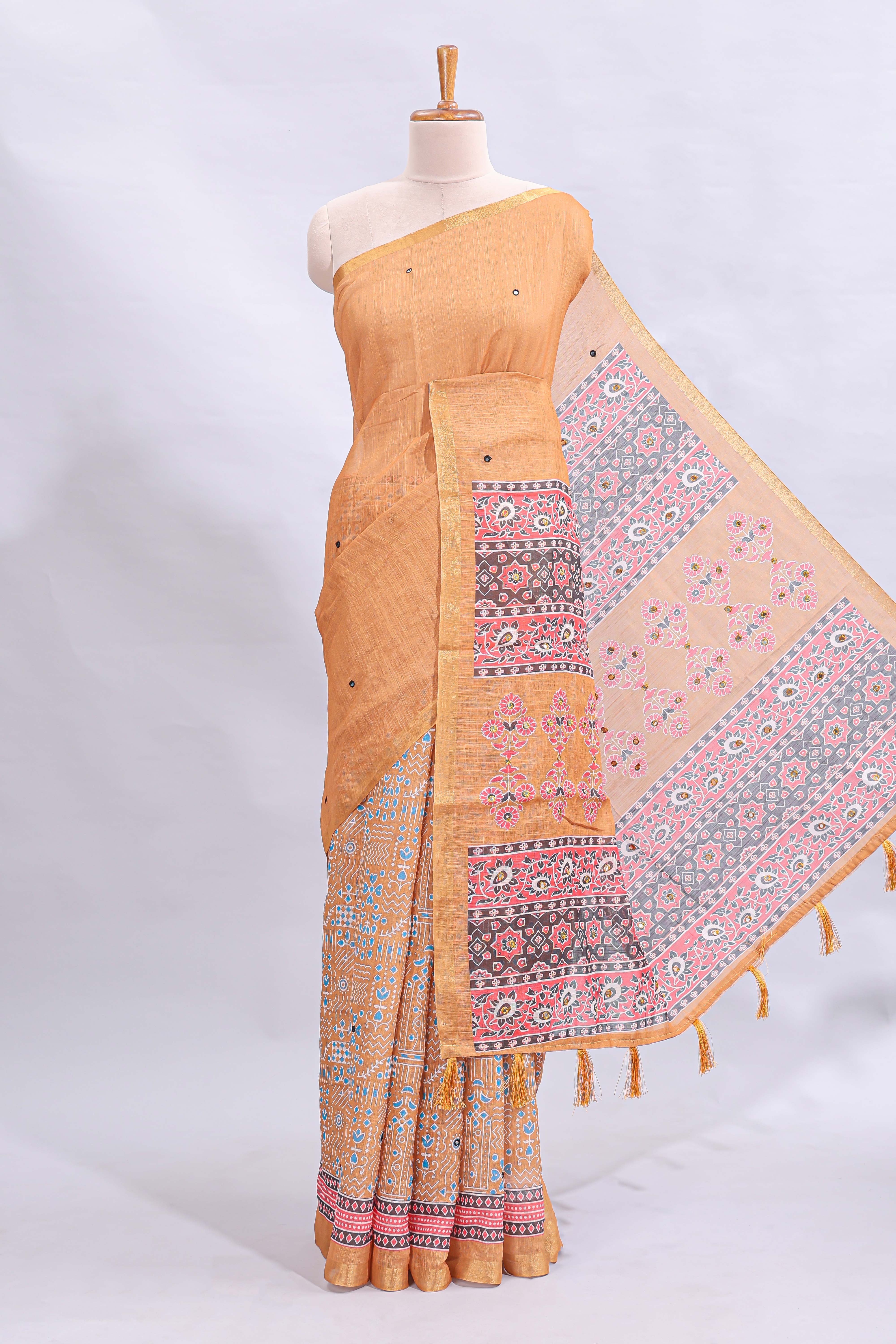 Orange mirror work embroidery design linen cotton saree with self zari border and matching printed blouse