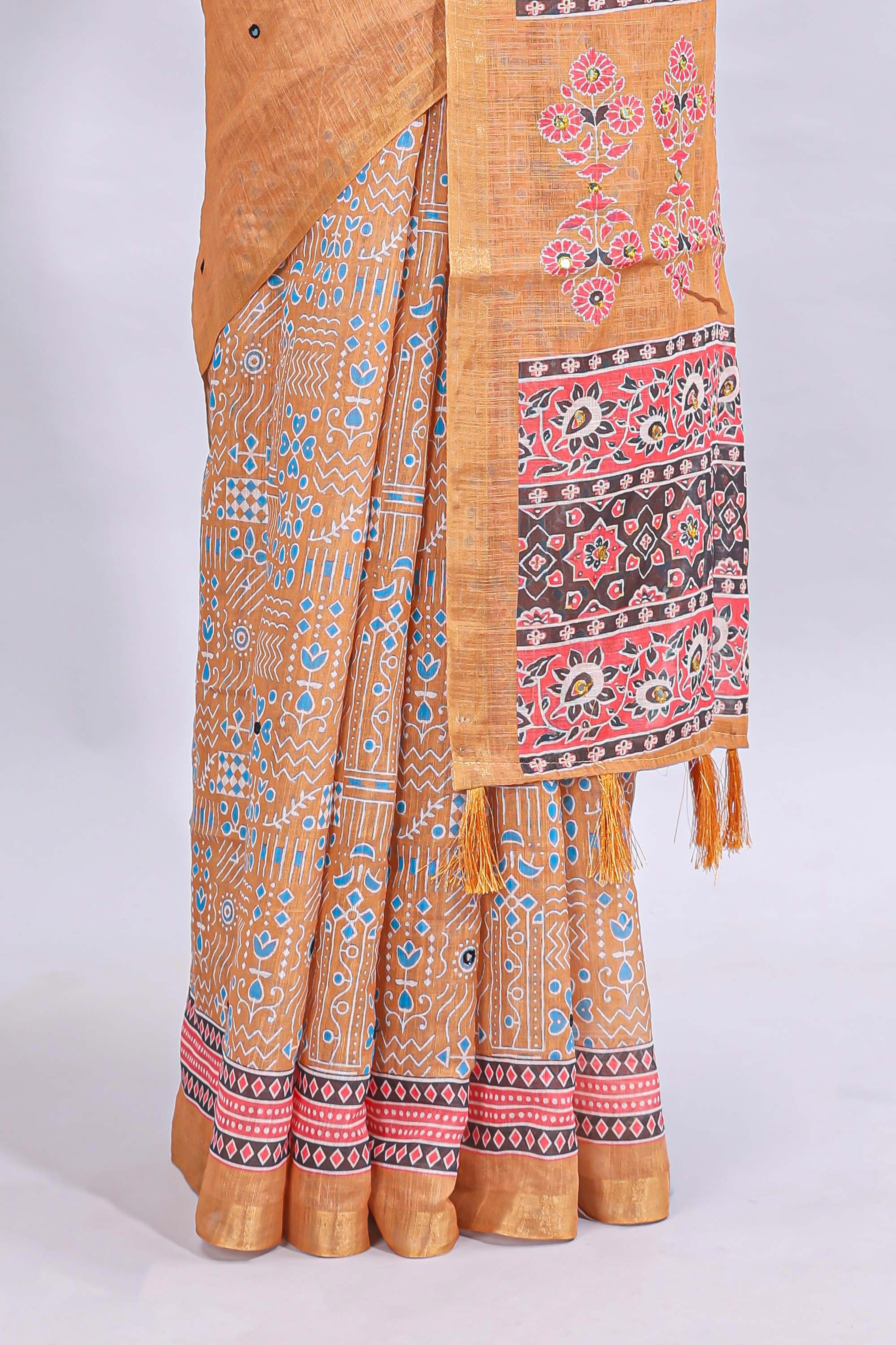 Orange mirror work embroidery design linen cotton saree with self zari border and matching printed blouse