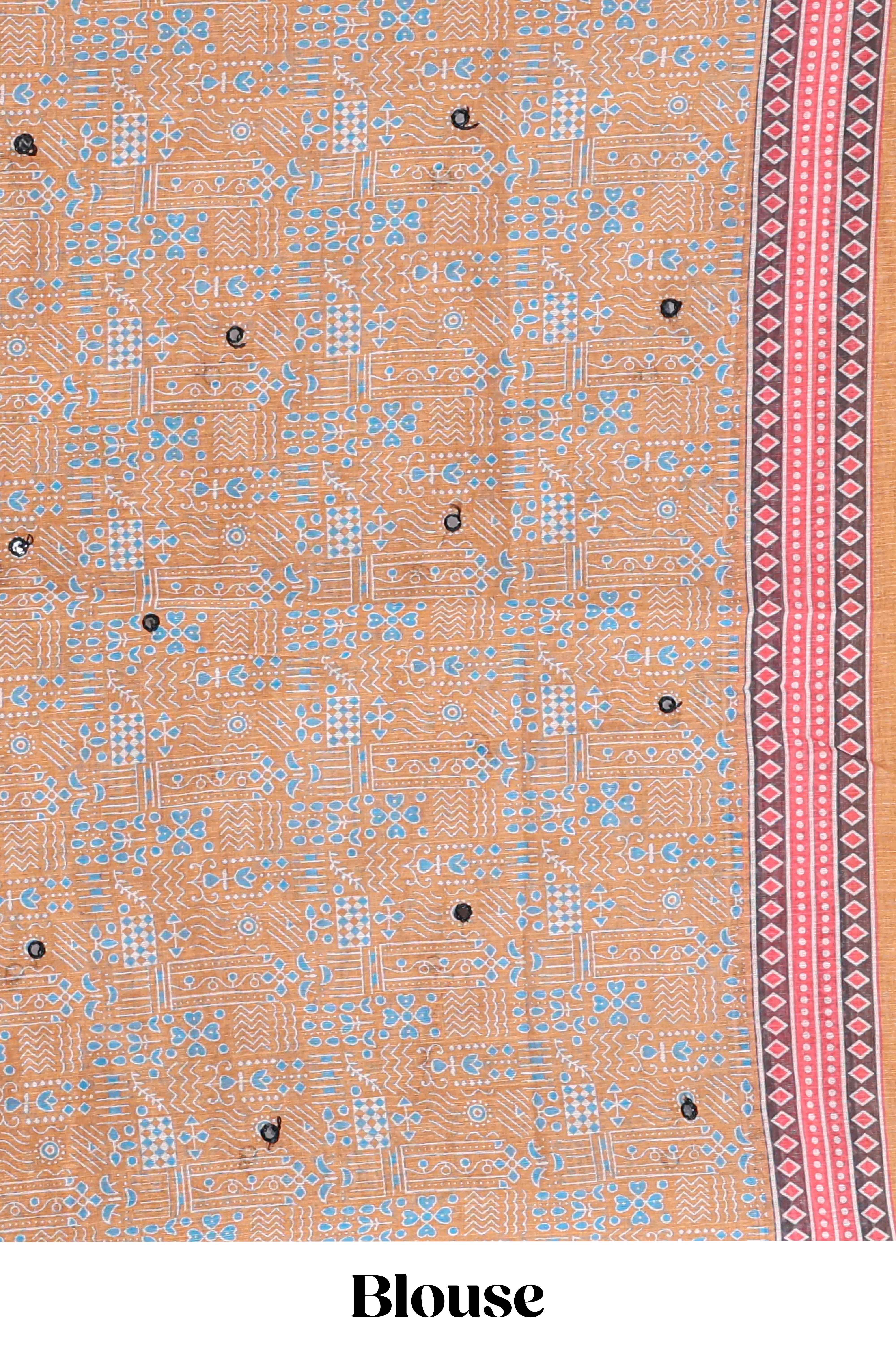 Orange mirror work embroidery design linen cotton saree with self zari border and matching printed blouse