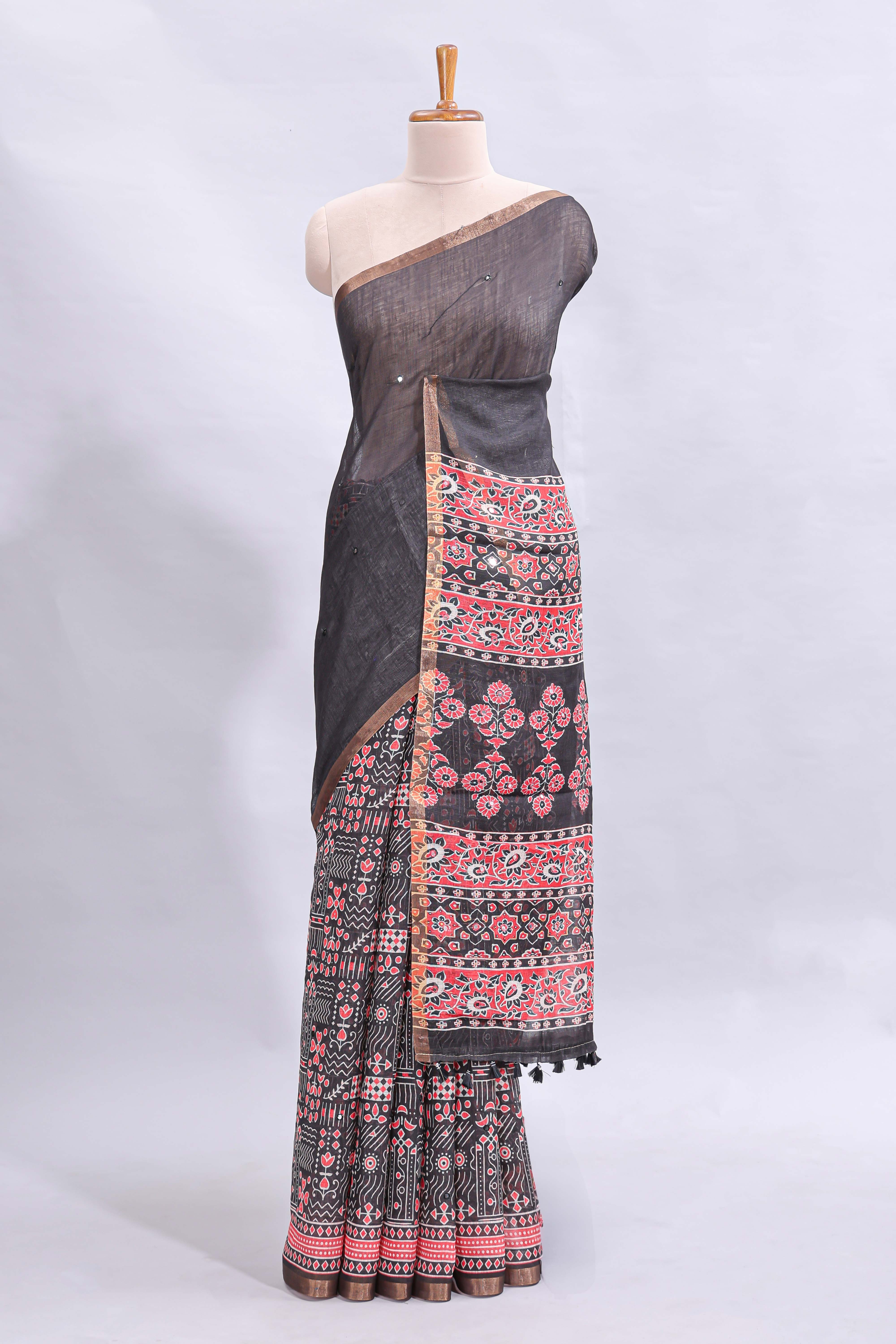 Black mirror work embroidery design linen cotton saree with self zari border and matching printed blouse