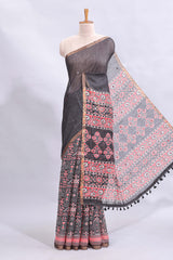 Black mirror work embroidery design linen cotton saree with self zari border and matching printed blouse