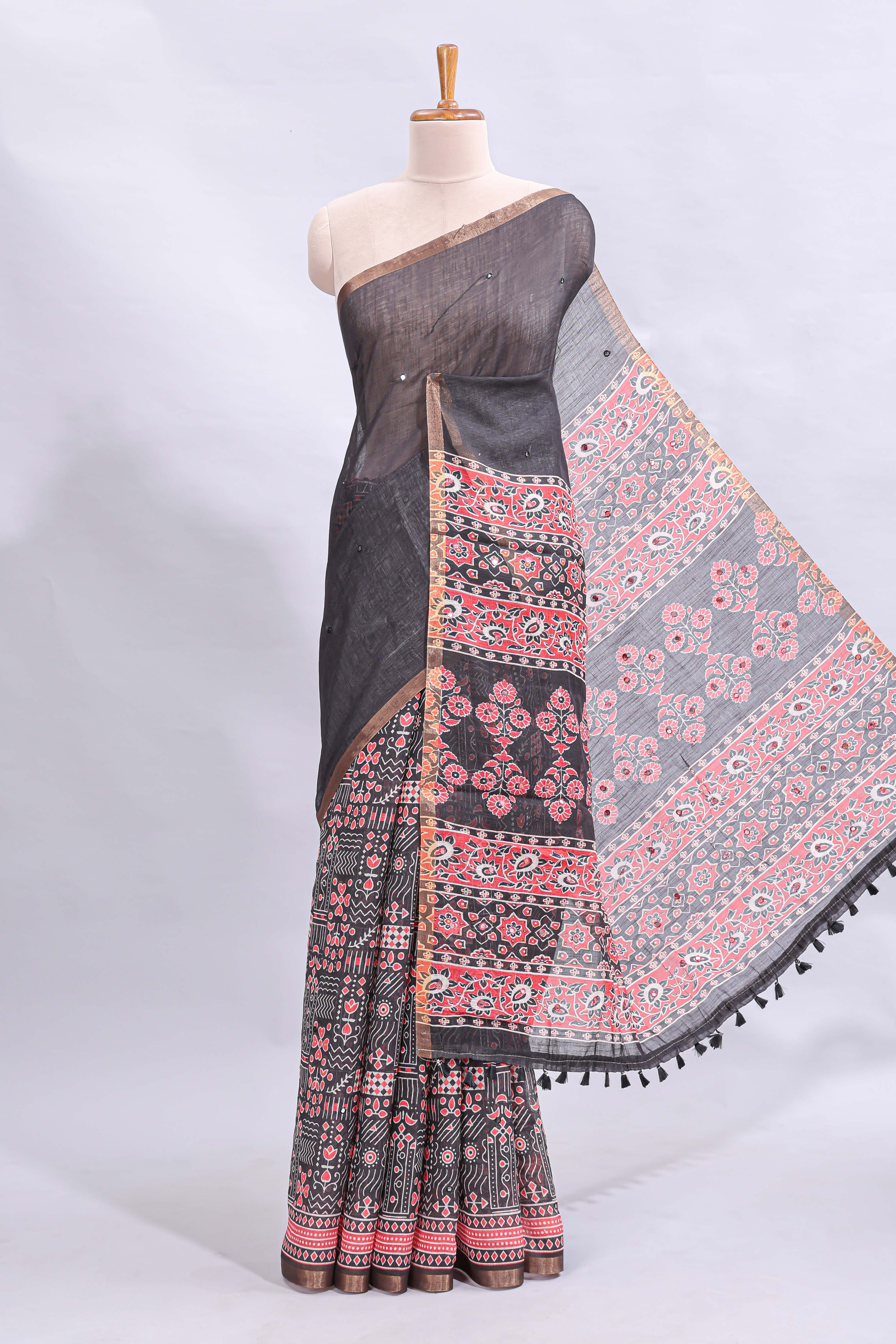 Black mirror work embroidery design linen cotton saree with self zari border and matching printed blouse