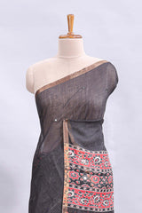 Black mirror work embroidery design linen cotton saree with self zari border and matching printed blouse
