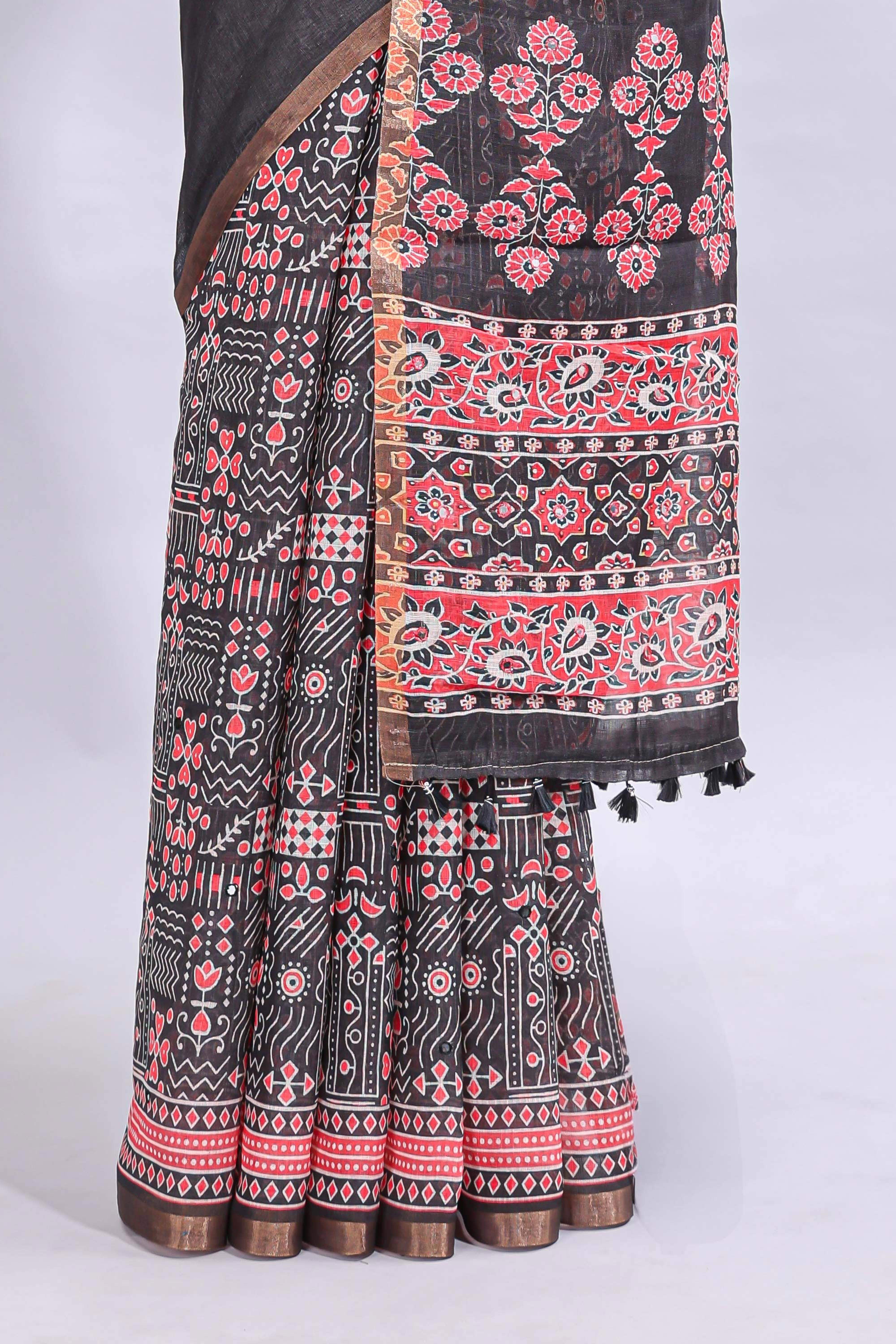 Black mirror work embroidery design linen cotton saree with self zari border and matching printed blouse