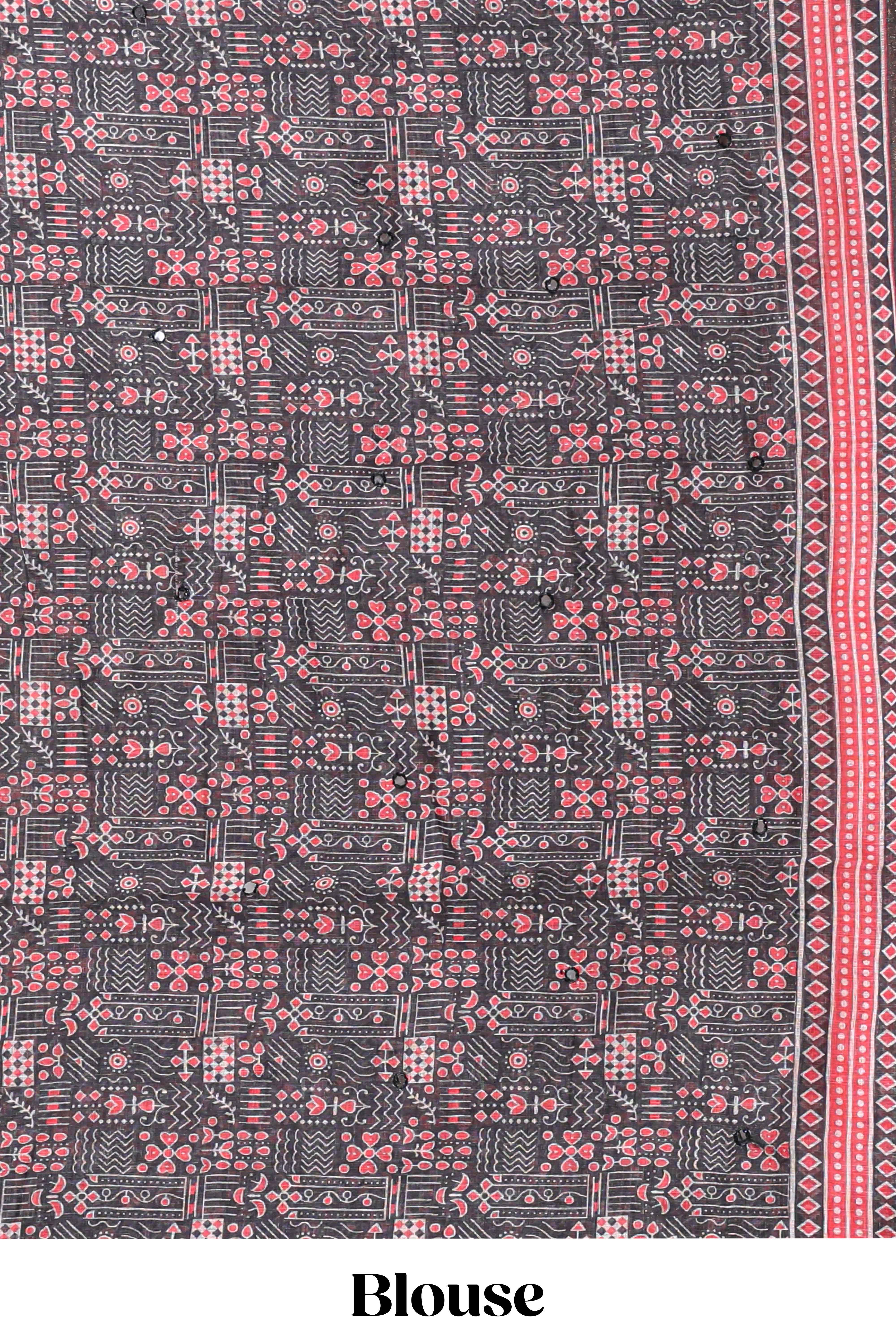 Black mirror work embroidery design linen cotton saree with self zari border and matching printed blouse