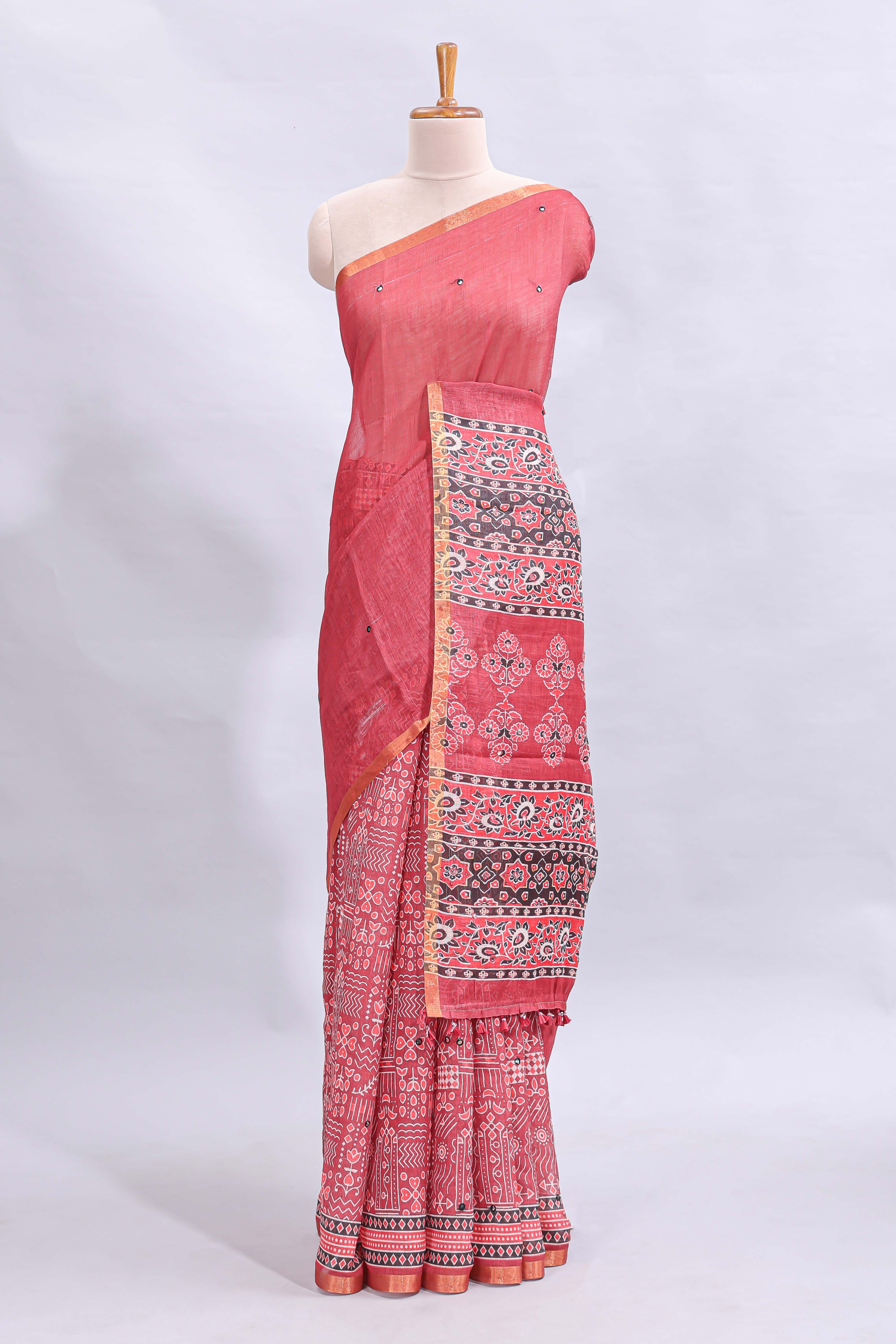 Pink mirror work embroidery design linen cotton saree with self zari border and matching printed blouse