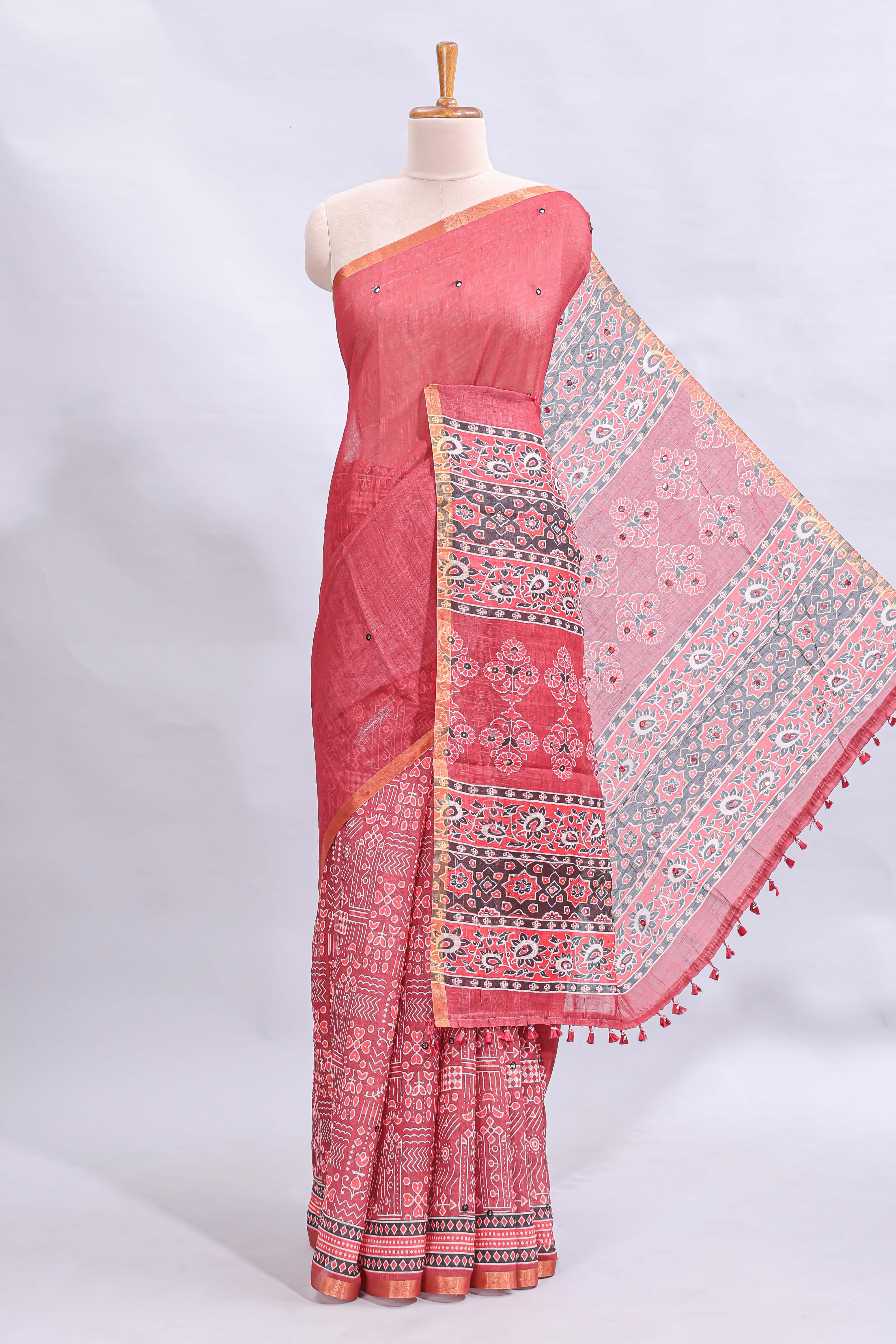 Pink mirror work embroidery design linen cotton saree with self zari border and matching printed blouse