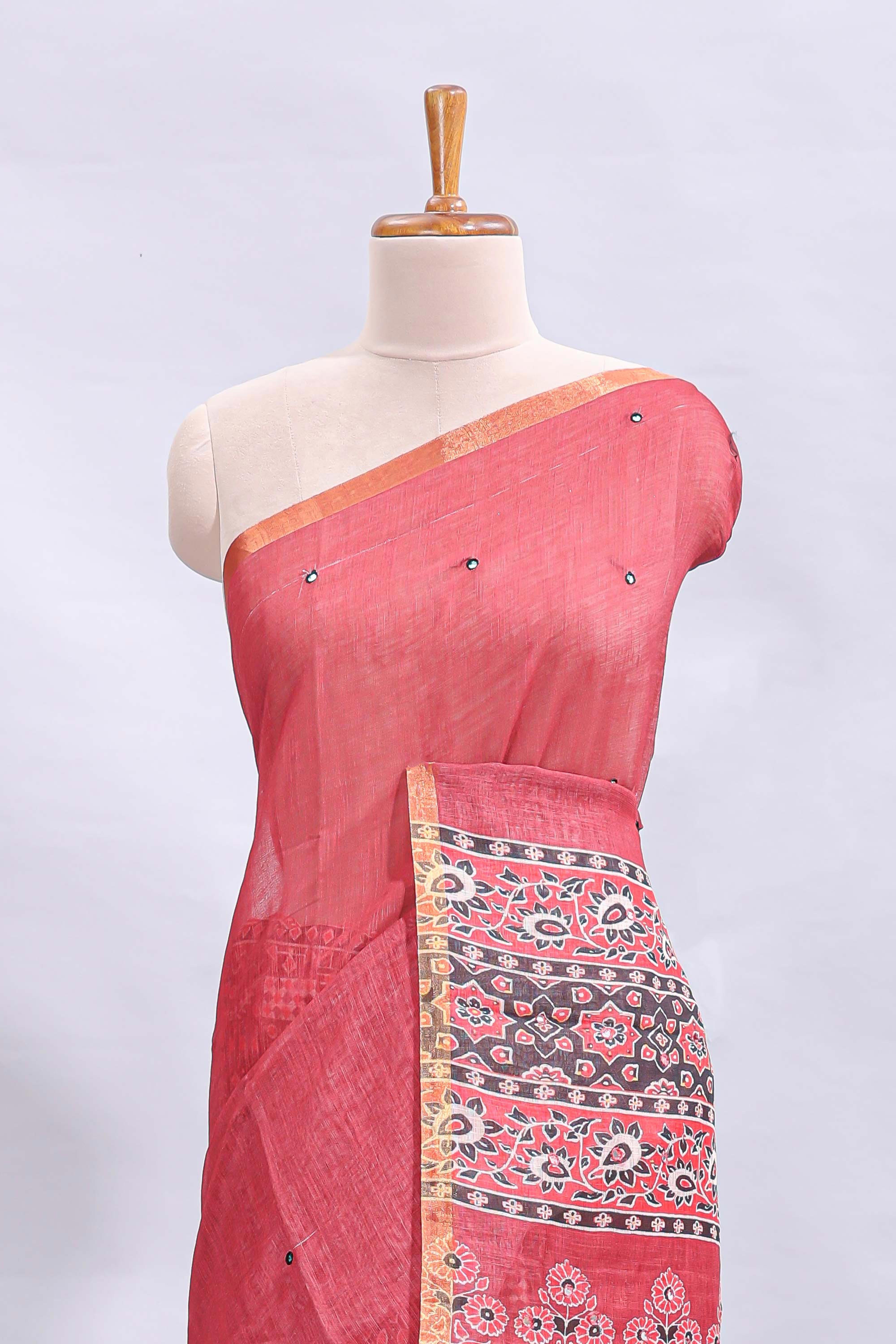 Pink mirror work embroidery design linen cotton saree with self zari border and matching printed blouse