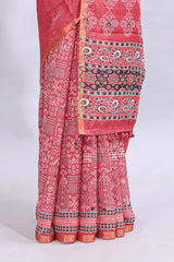 Pink mirror work embroidery design linen cotton saree with self zari border and matching printed blouse