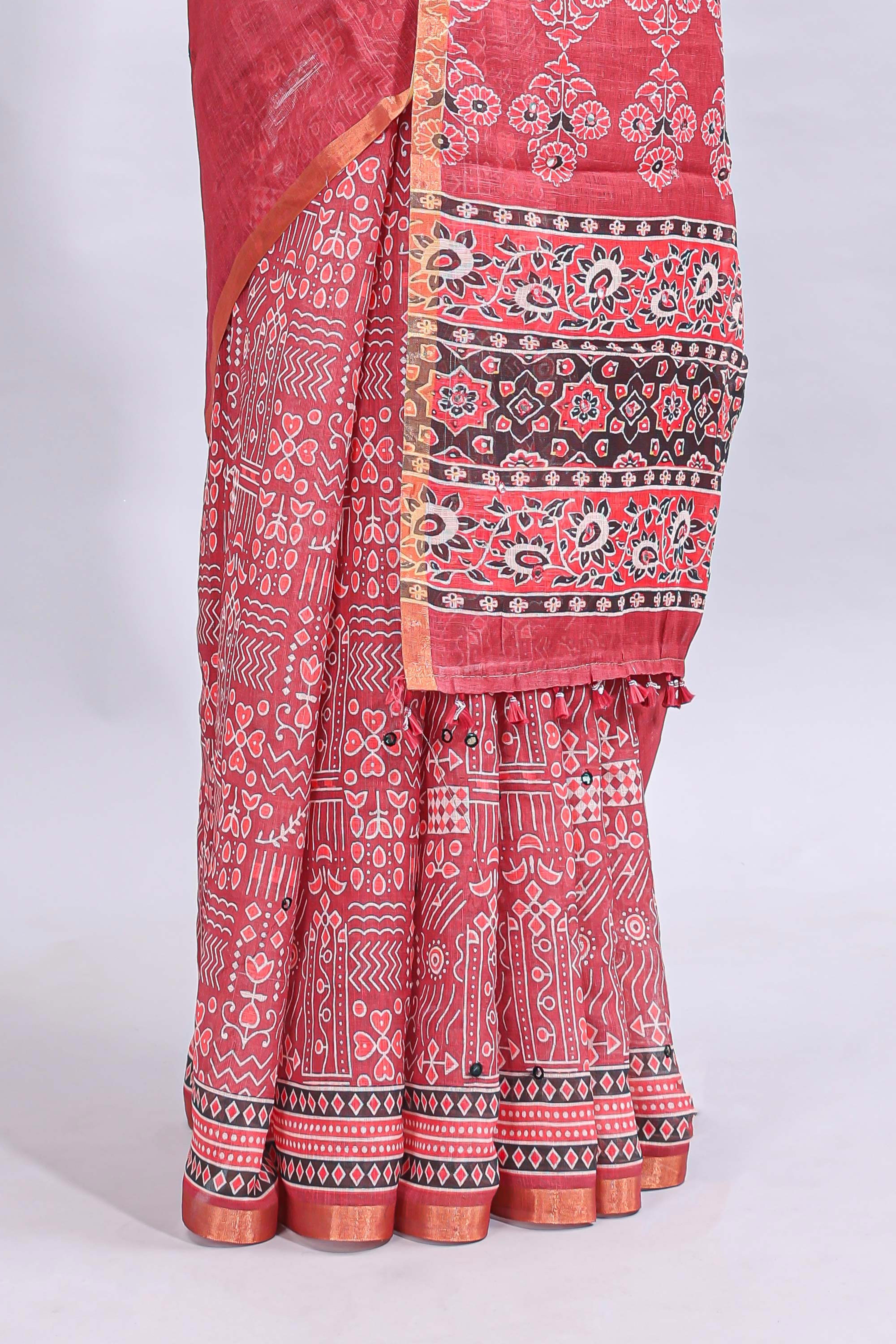 Pink mirror work embroidery design linen cotton saree with self zari border and matching printed blouse