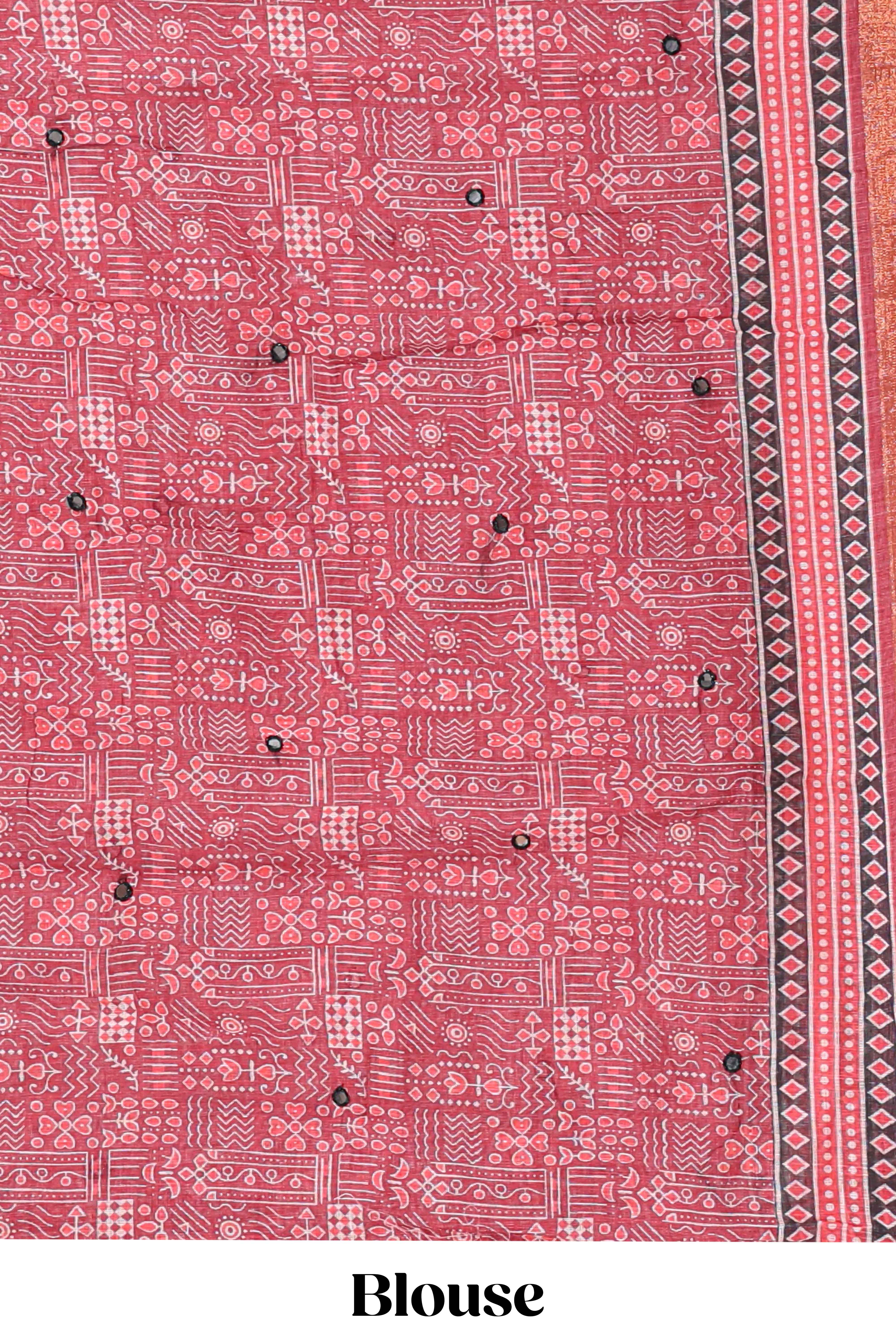 Pink mirror work embroidery design linen cotton saree with self zari border and matching printed blouse