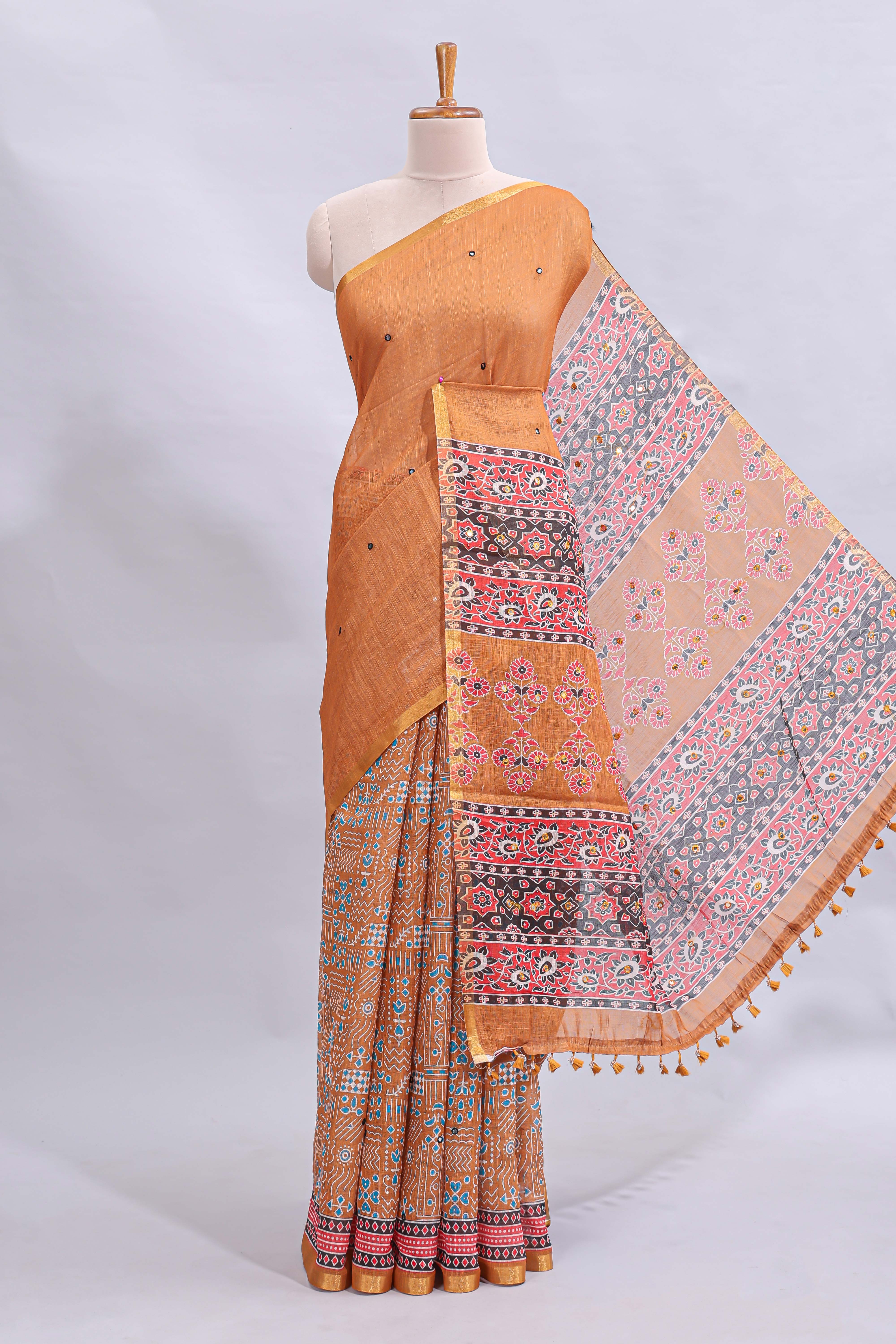 Orange mirror work embroidery design linen cotton saree with self zari border and matching printed blouse