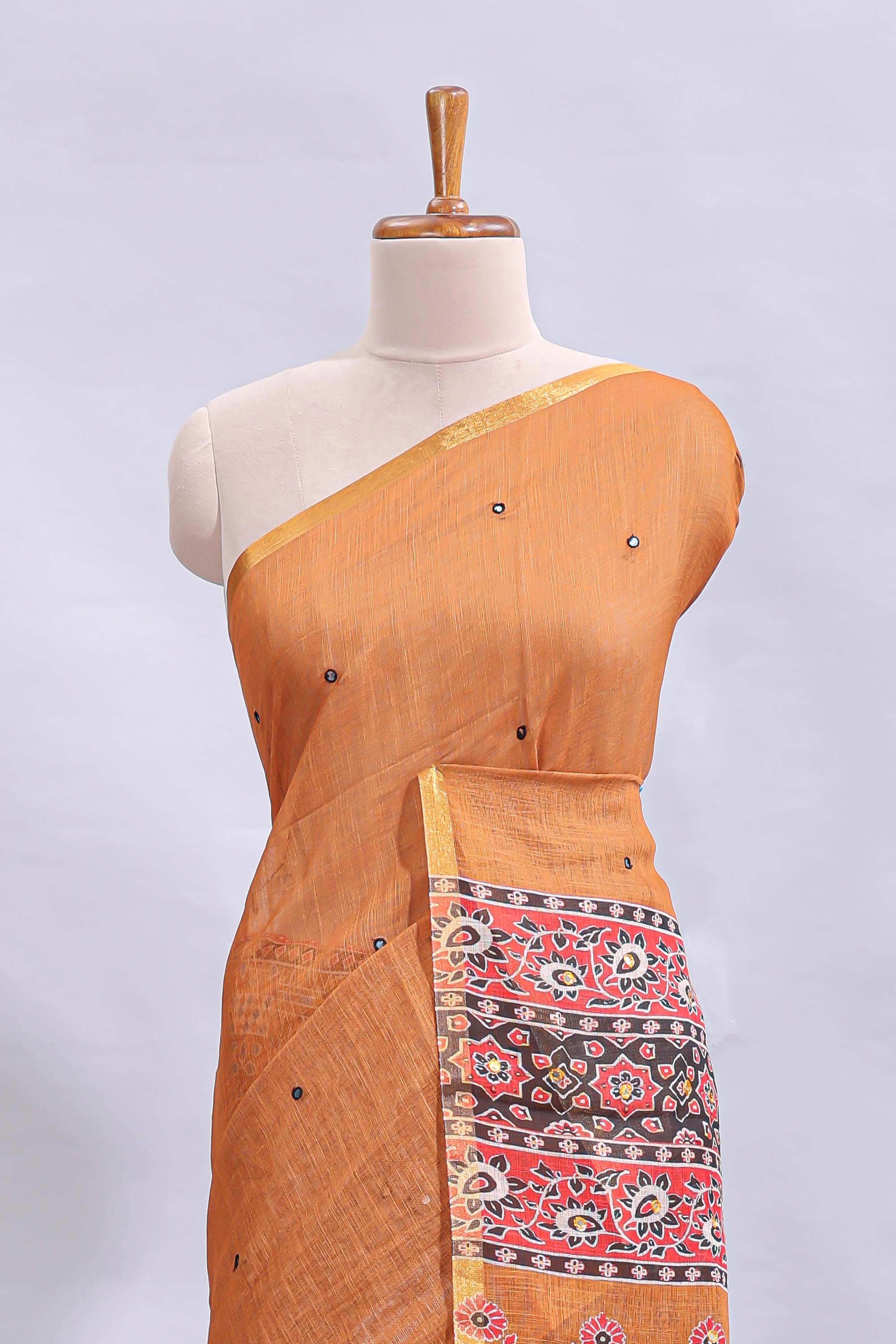 Orange mirror work embroidery design linen cotton saree with self zari border and matching printed blouse