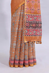 Orange mirror work embroidery design linen cotton saree with self zari border and matching printed blouse