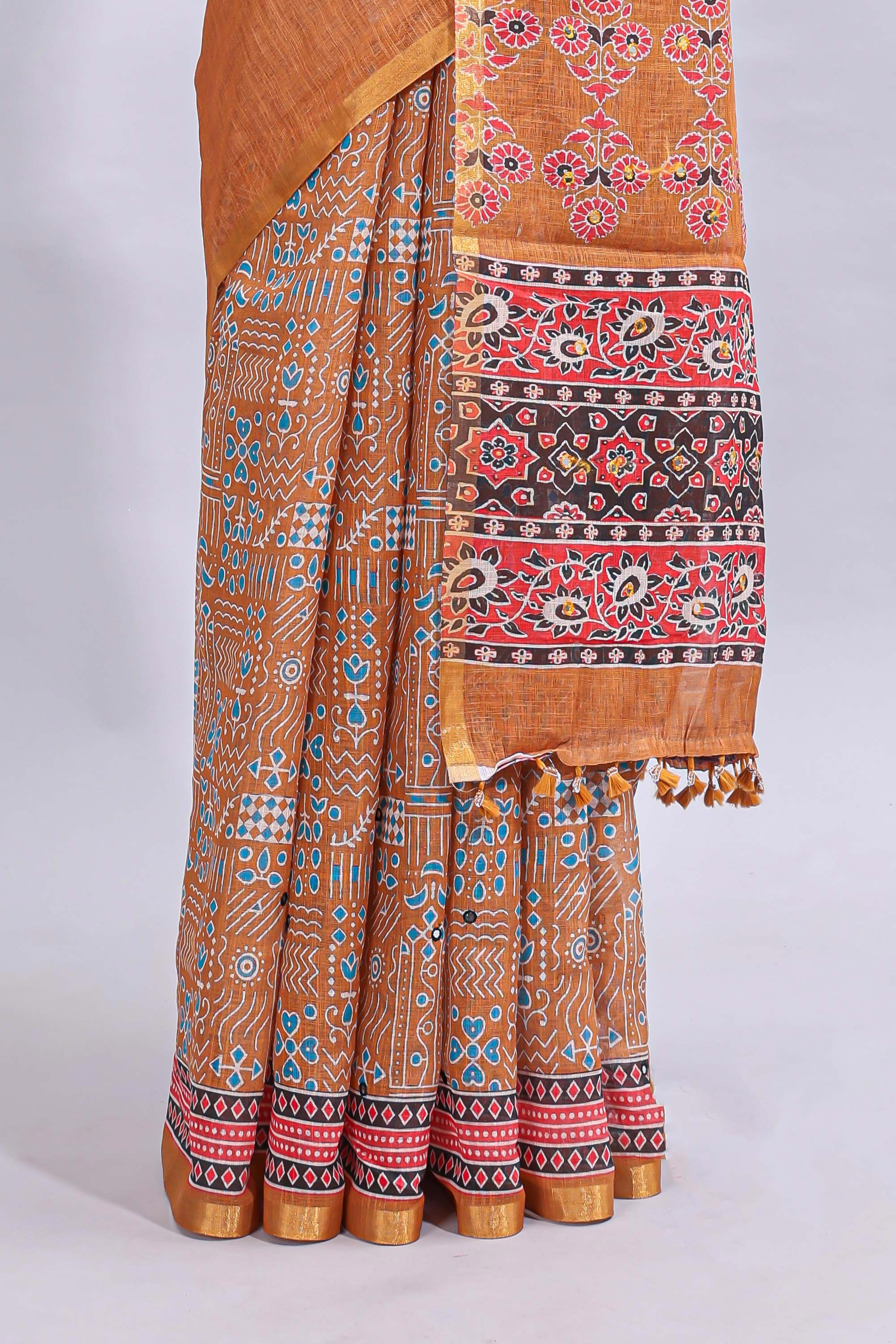Orange mirror work embroidery design linen cotton saree with self zari border and matching printed blouse