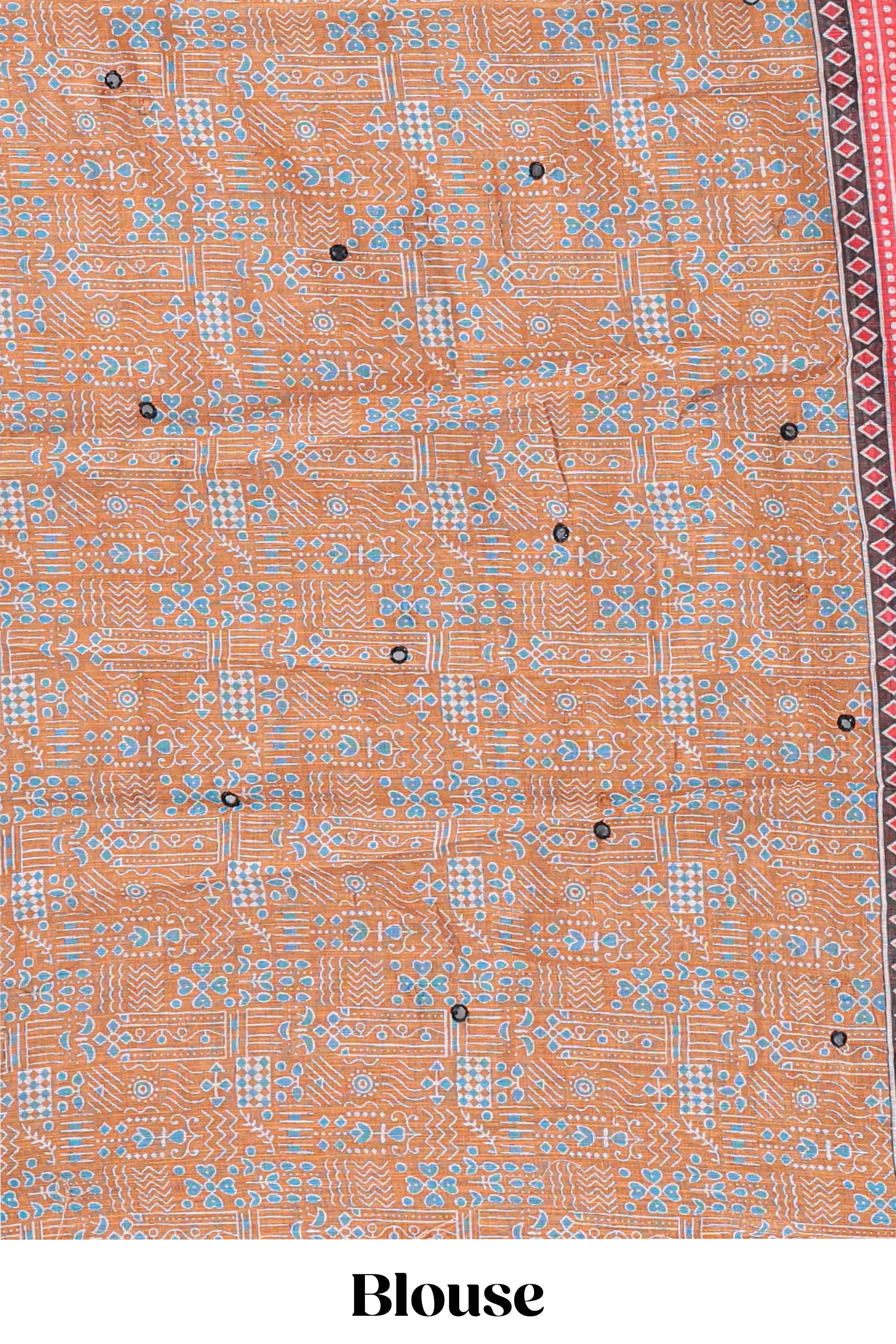 Orange mirror work embroidery design linen cotton saree with self zari border and matching printed blouse