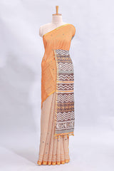 Orange mirror work embroidery design linen cotton saree with self zari border and matching checked blouse