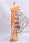 Orange mirror work embroidery design linen cotton saree with self zari border and matching checked blouse