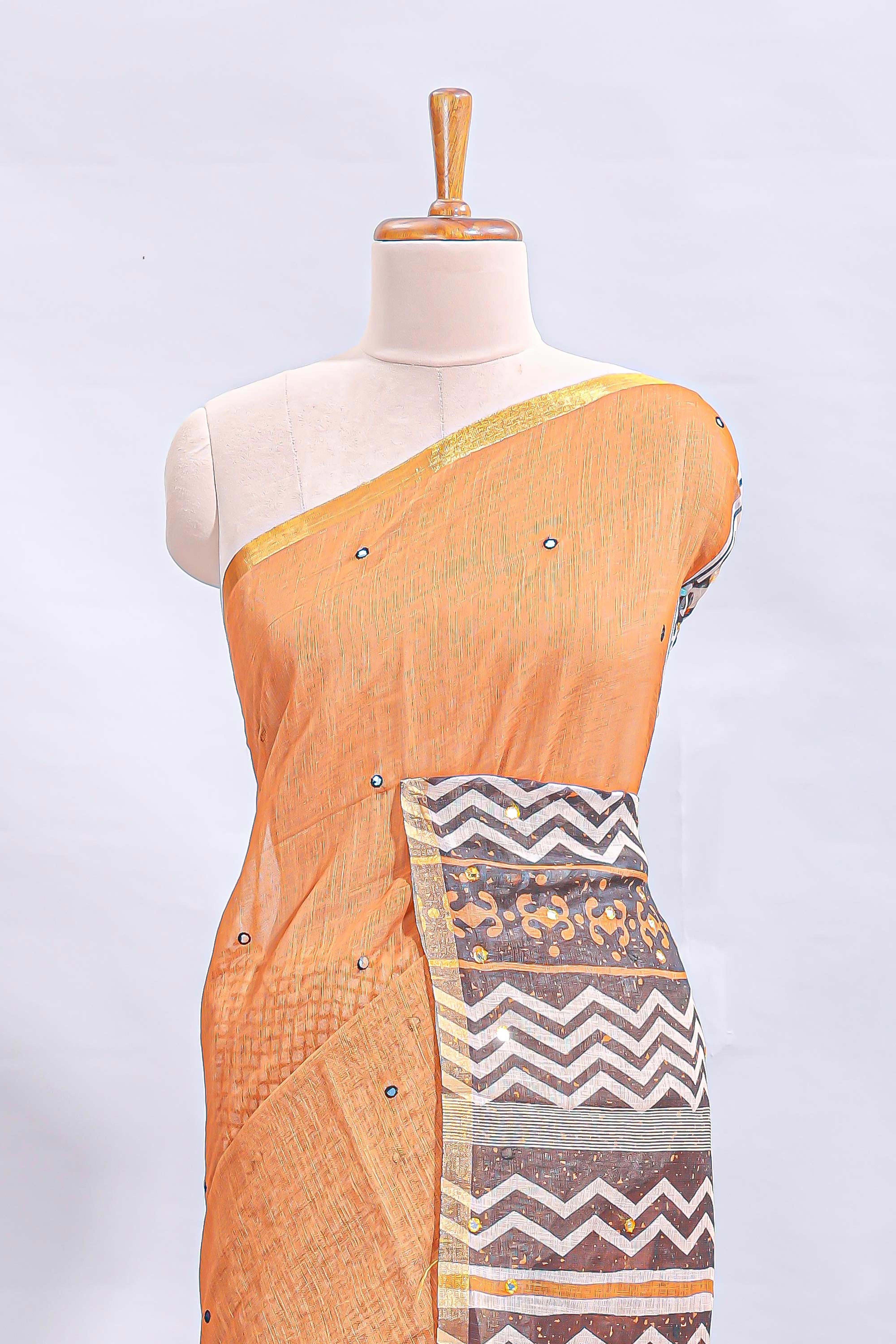 Orange mirror work embroidery design linen cotton saree with self zari border and matching checked blouse