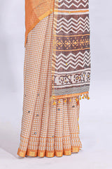 Orange mirror work embroidery design linen cotton saree with self zari border and matching checked blouse