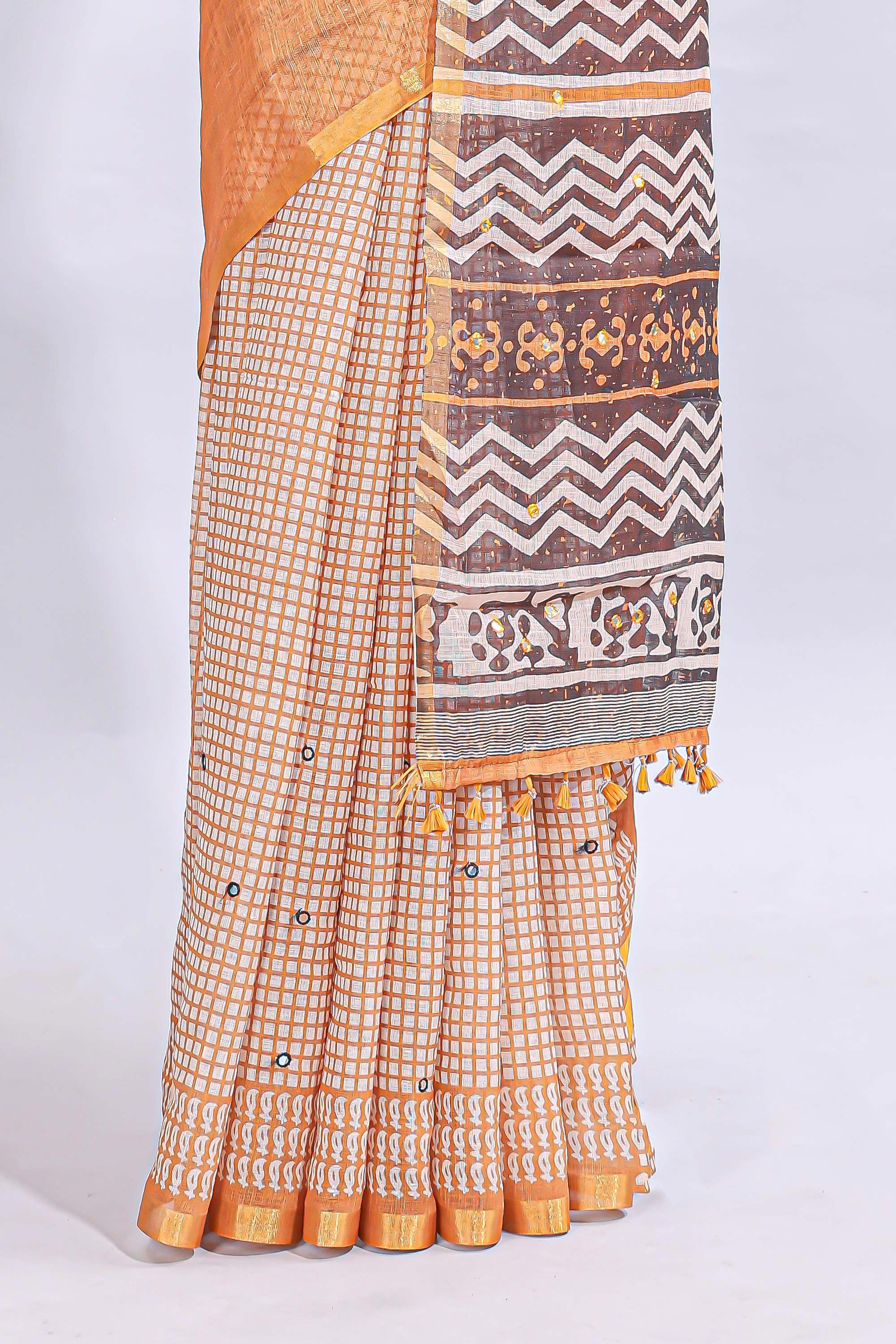 Orange mirror work embroidery design linen cotton saree with self zari border and matching checked blouse