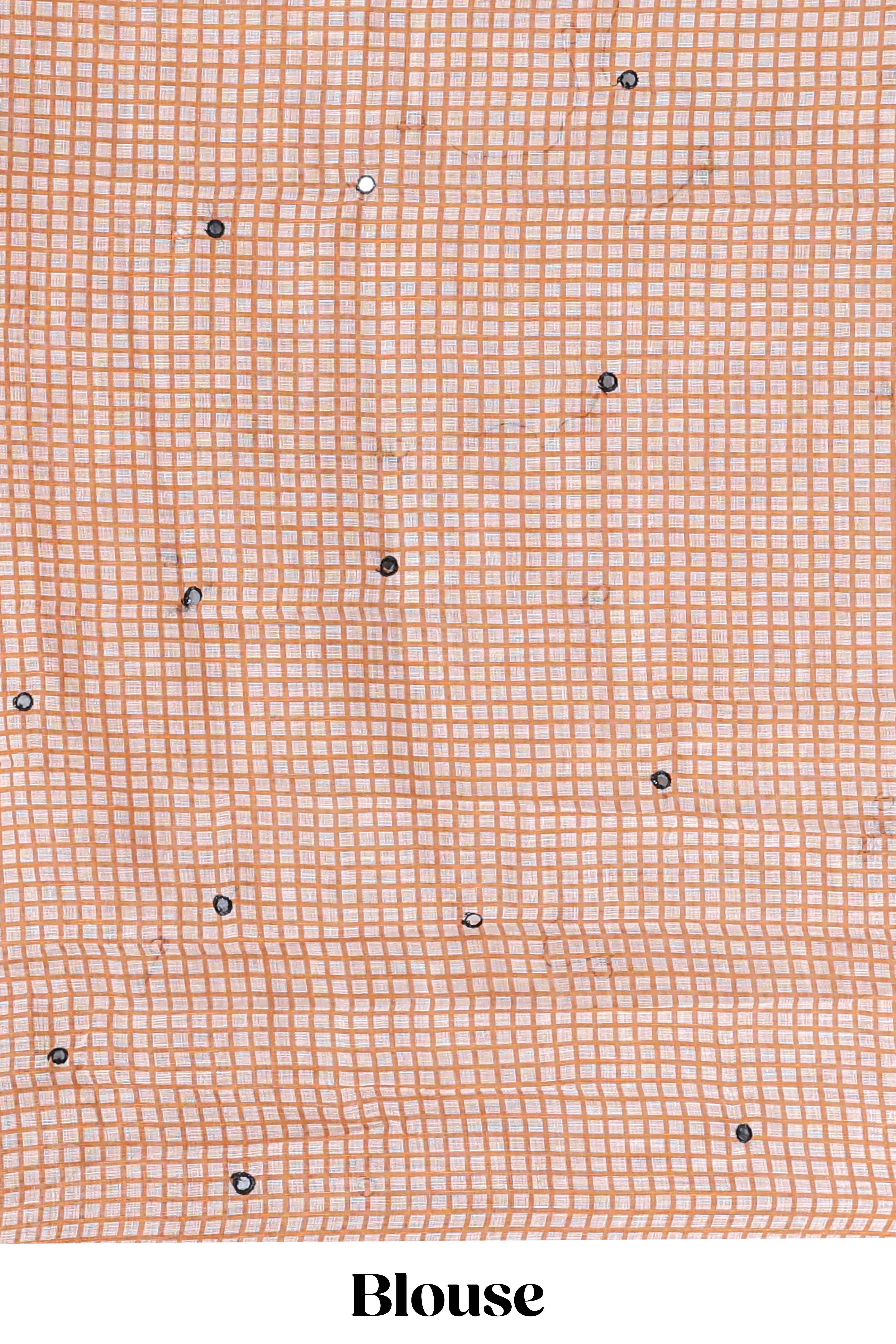 Orange mirror work embroidery design linen cotton saree with self zari border and matching checked blouse