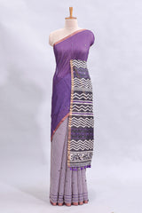 Purple mirror work embroidery checked design linen cotton saree with self zari border and matching checked blouse