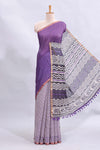 Purple mirror work embroidery checked design linen cotton saree with self zari border and matching checked blouse