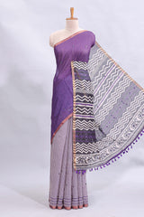 Purple mirror work embroidery checked design linen cotton saree with self zari border and matching checked blouse