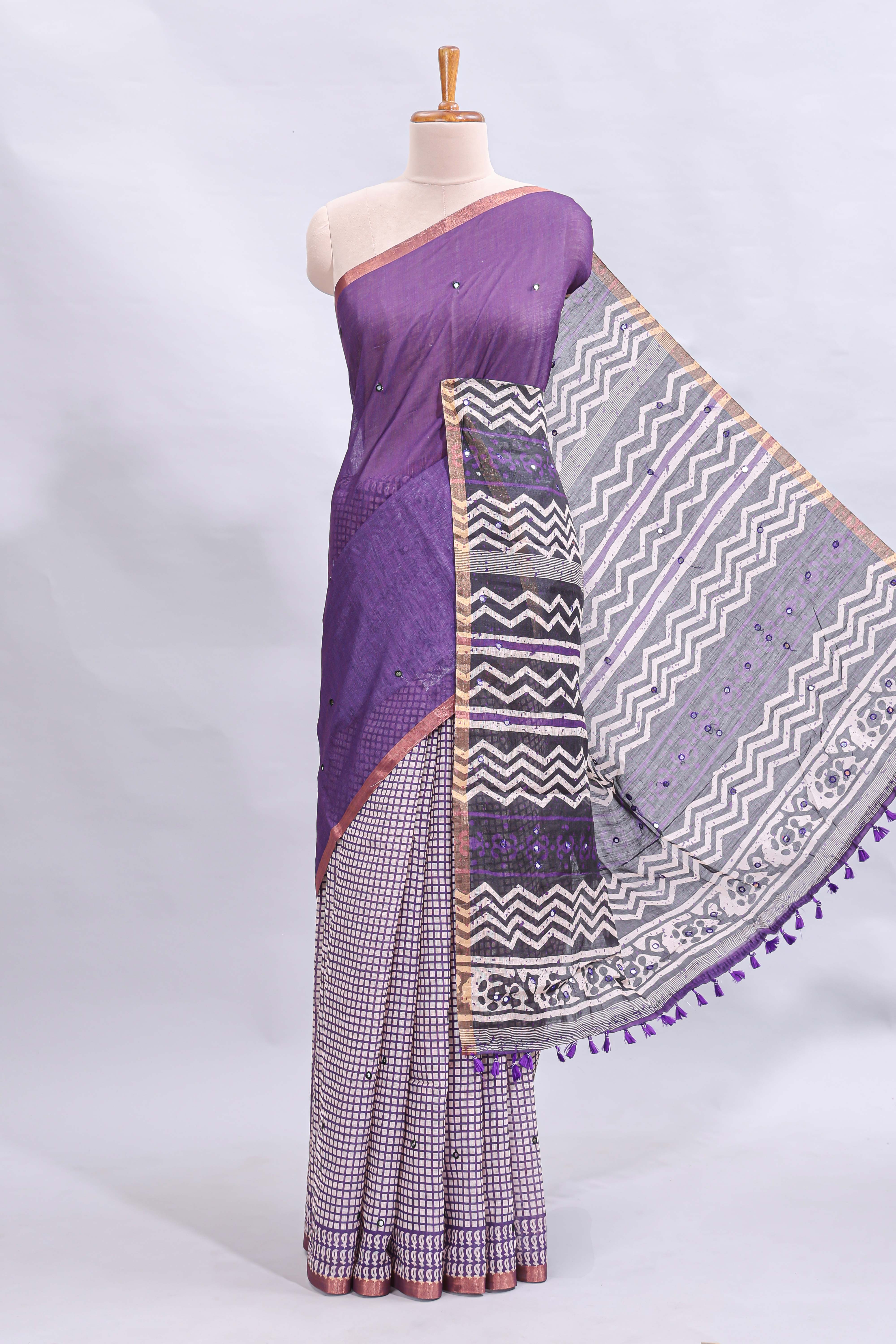 Purple mirror work embroidery checked design linen cotton saree with self zari border and matching checked blouse