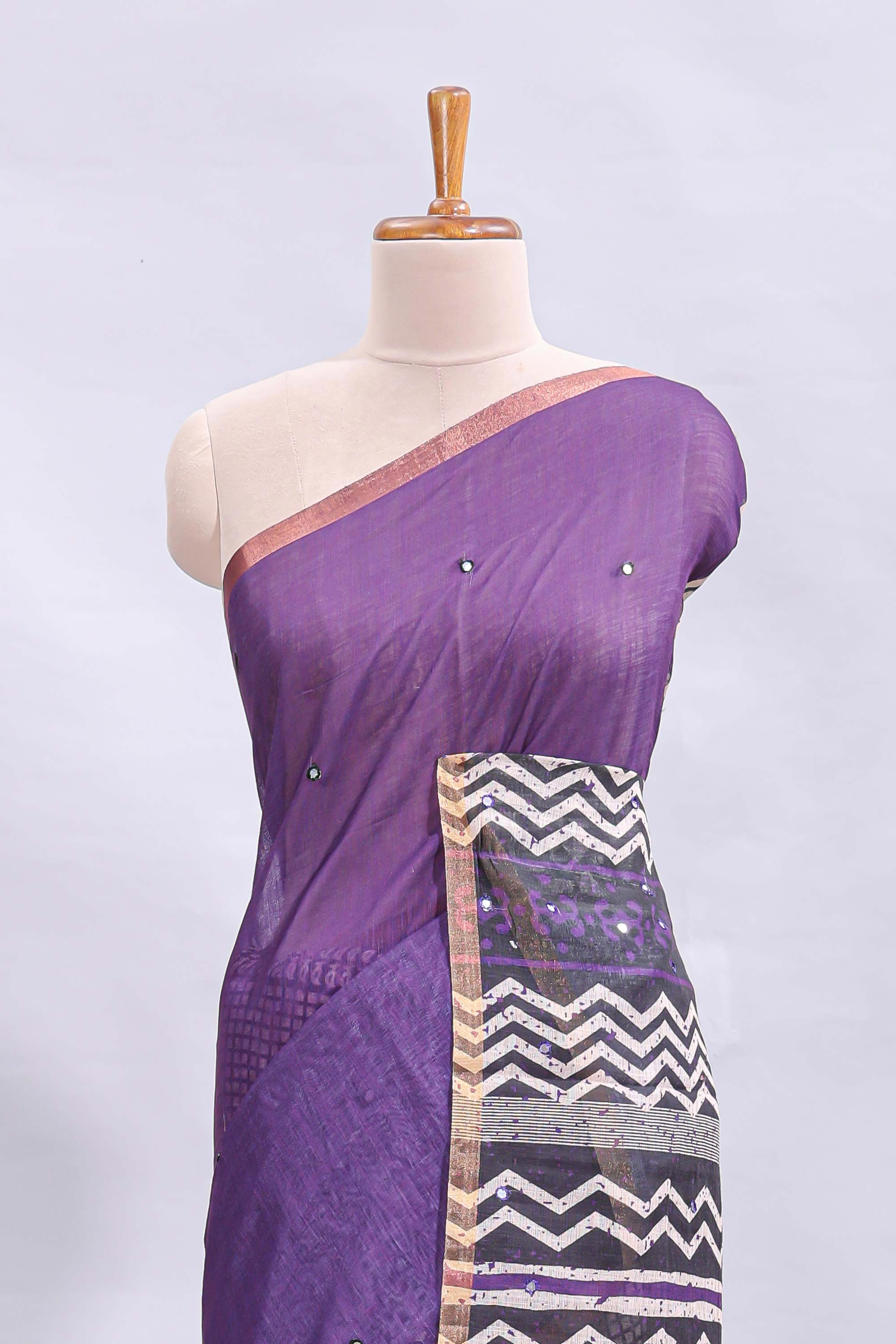 Purple mirror work embroidery checked design linen cotton saree with self zari border and matching checked blouse