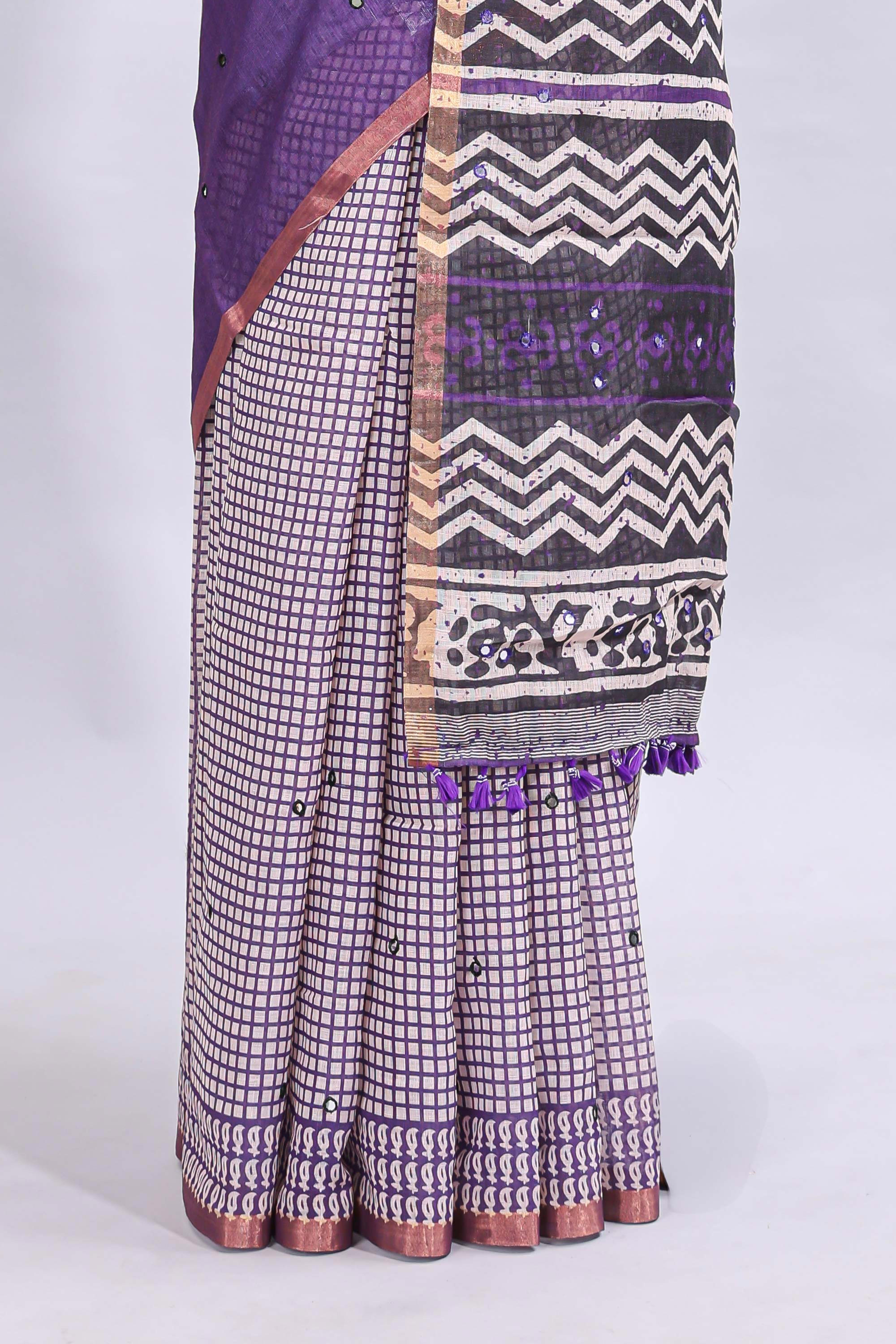 Purple mirror work embroidery checked design linen cotton saree with self zari border and matching checked blouse
