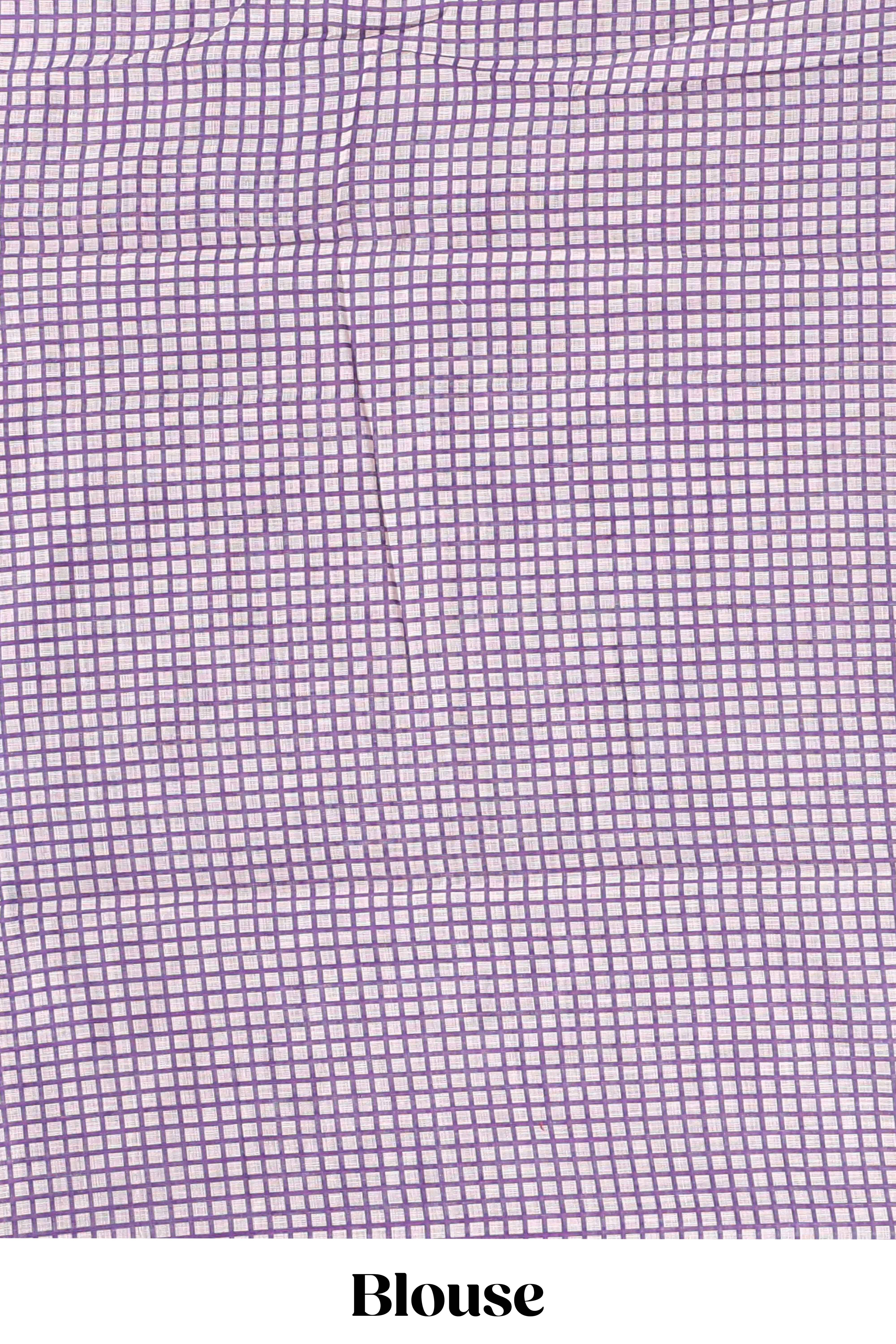 Purple mirror work embroidery checked design linen cotton saree with self zari border and matching checked blouse