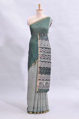 Green mirror work embroidery checked design linen cotton saree with self zari border and matching checked blouse