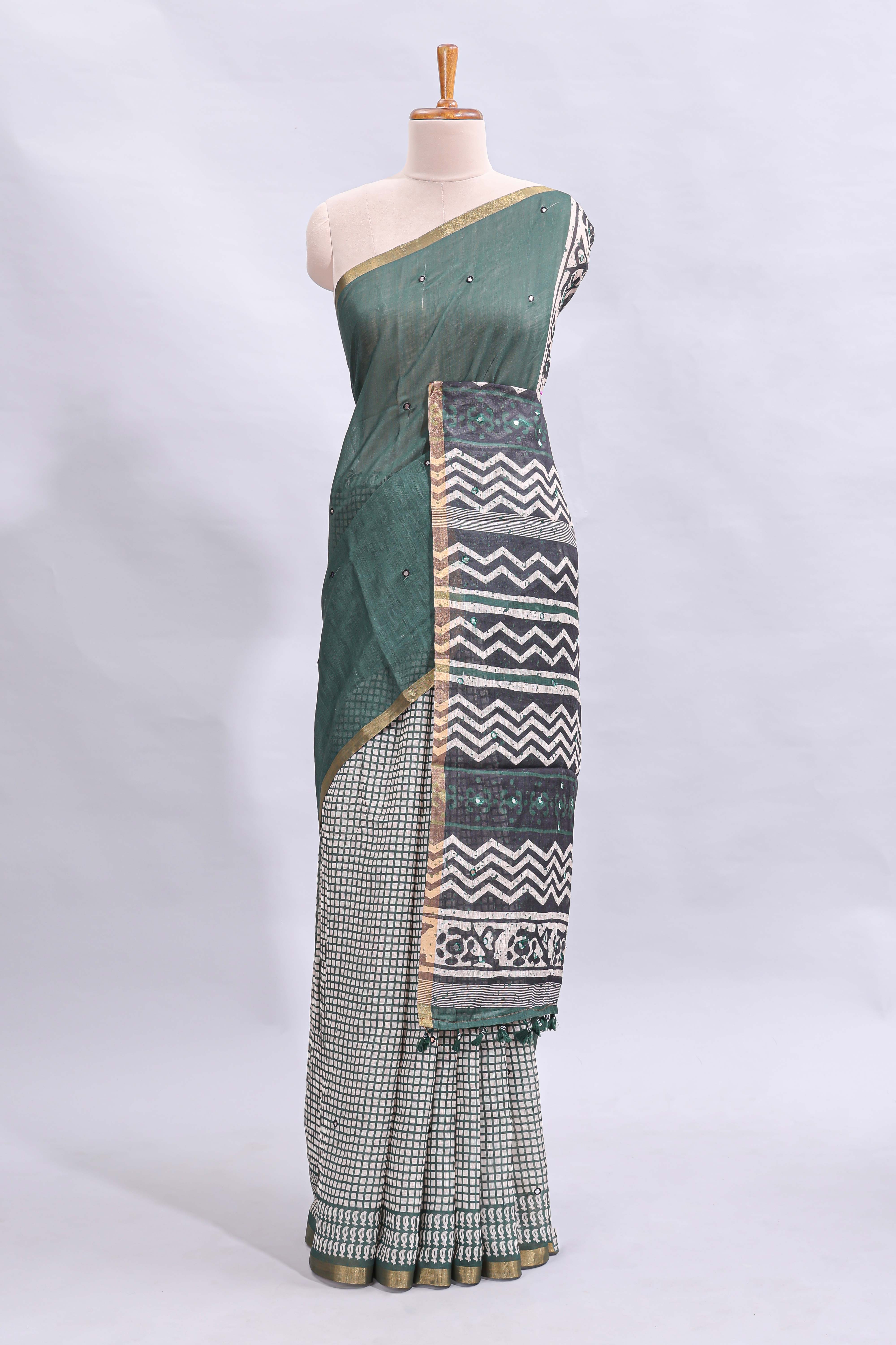 Green mirror work embroidery checked design linen cotton saree with self zari border and matching checked blouse