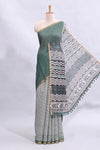 Green mirror work embroidery checked design linen cotton saree with self zari border and matching checked blouse