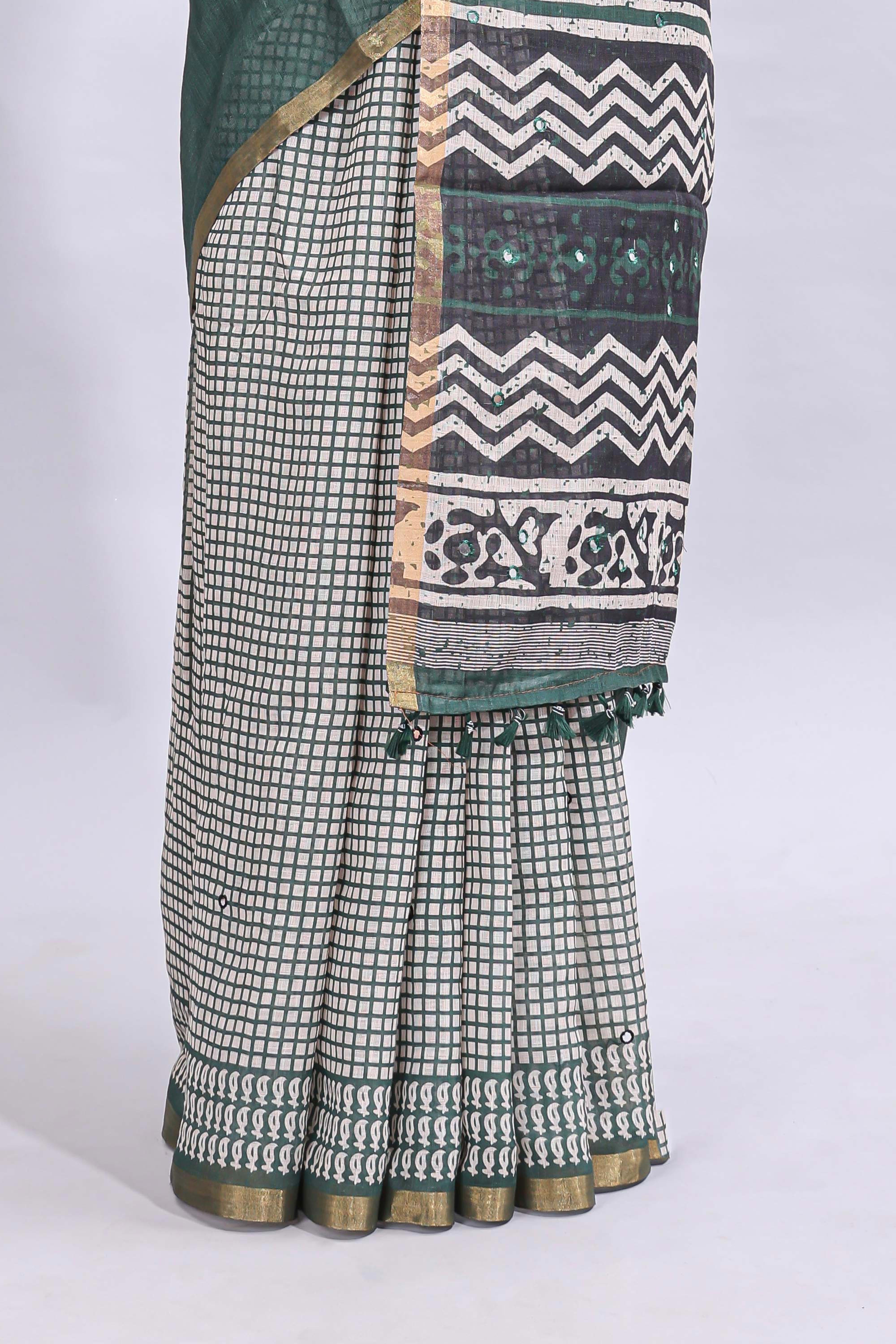 Green mirror work embroidery checked design linen cotton saree with self zari border and matching checked blouse