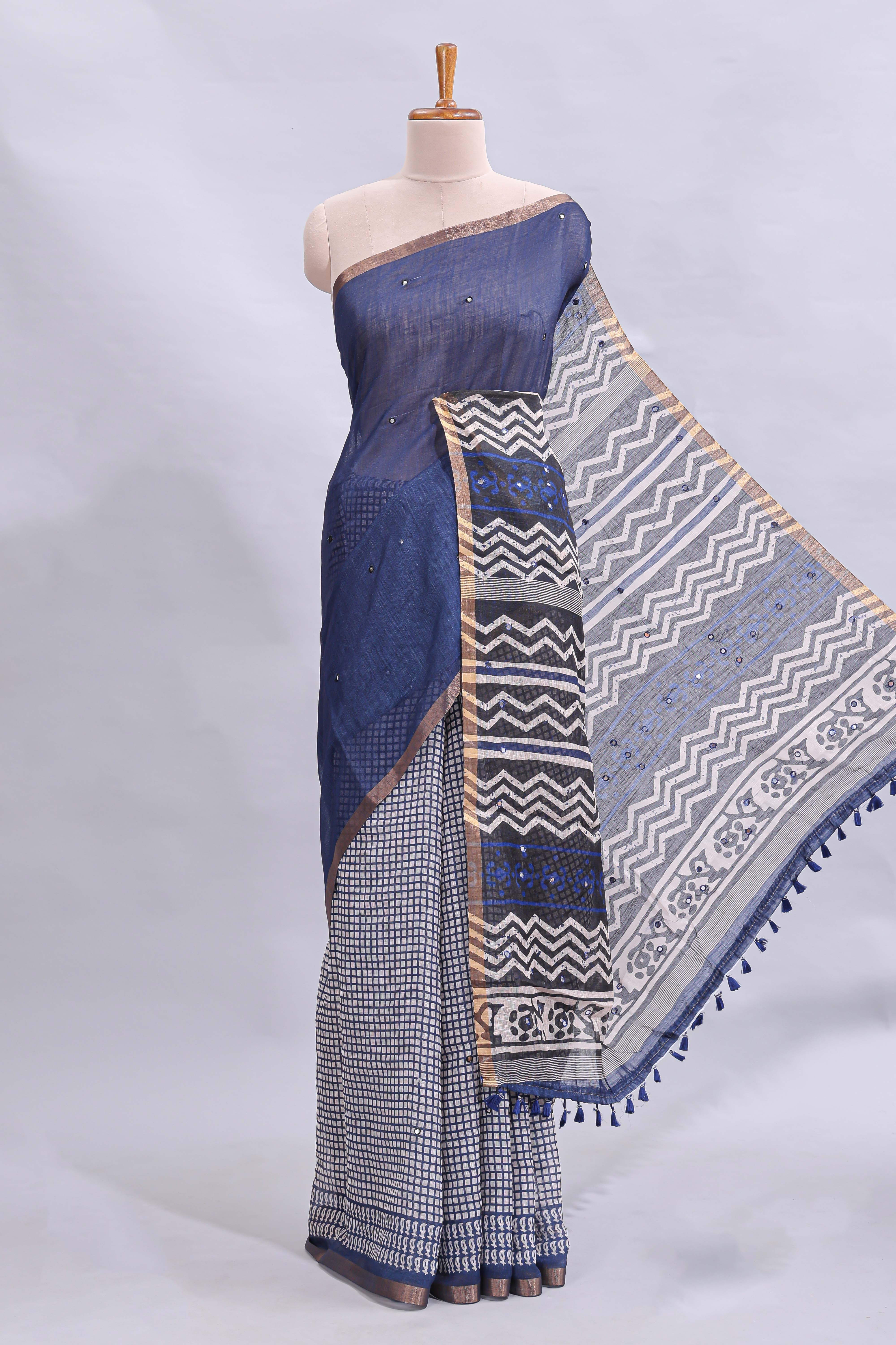 Blue mirror work embroidery checked design linen cotton saree with self zari border and matching checked blouse