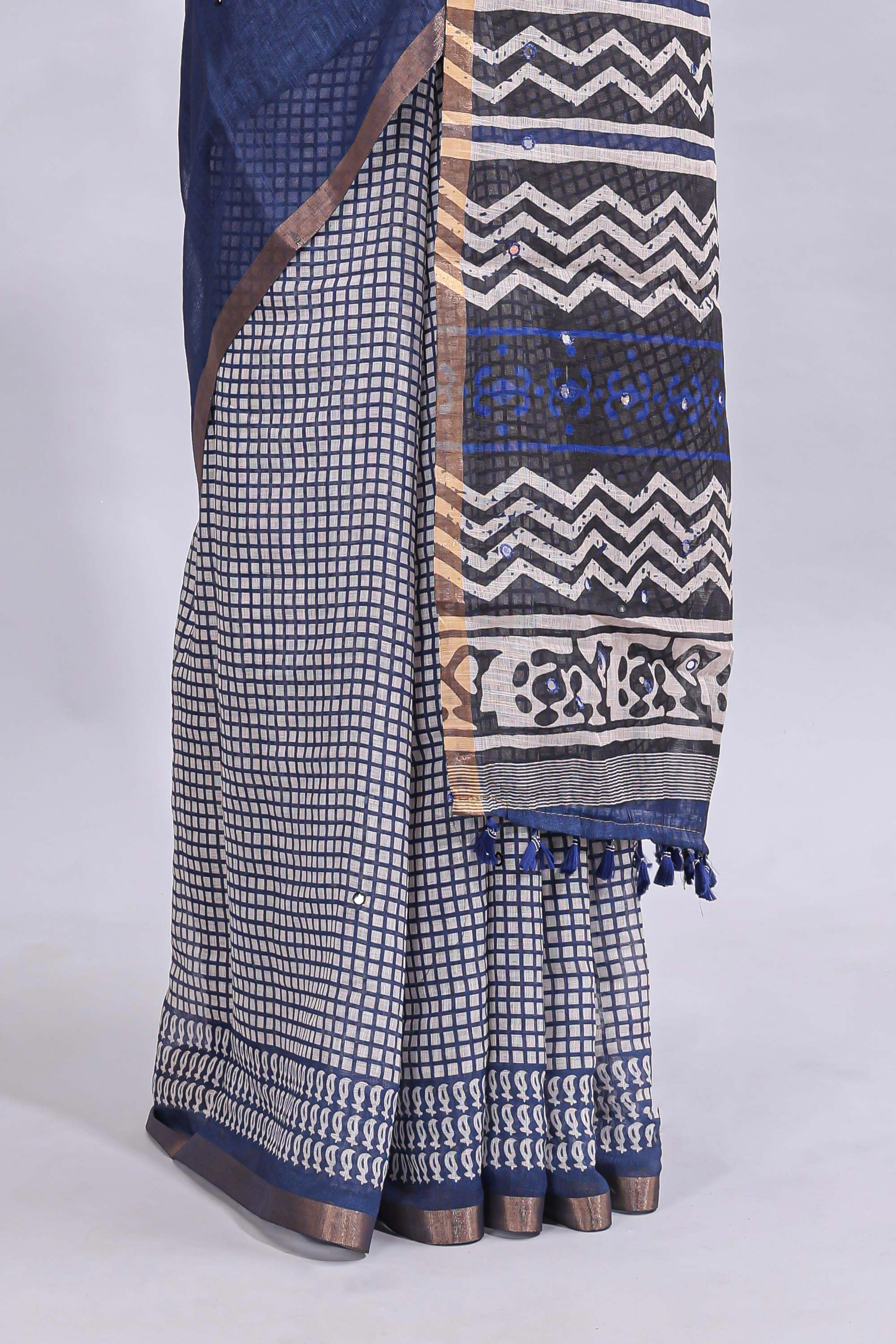 Blue mirror work embroidery checked design linen cotton saree with self zari border and matching checked blouse